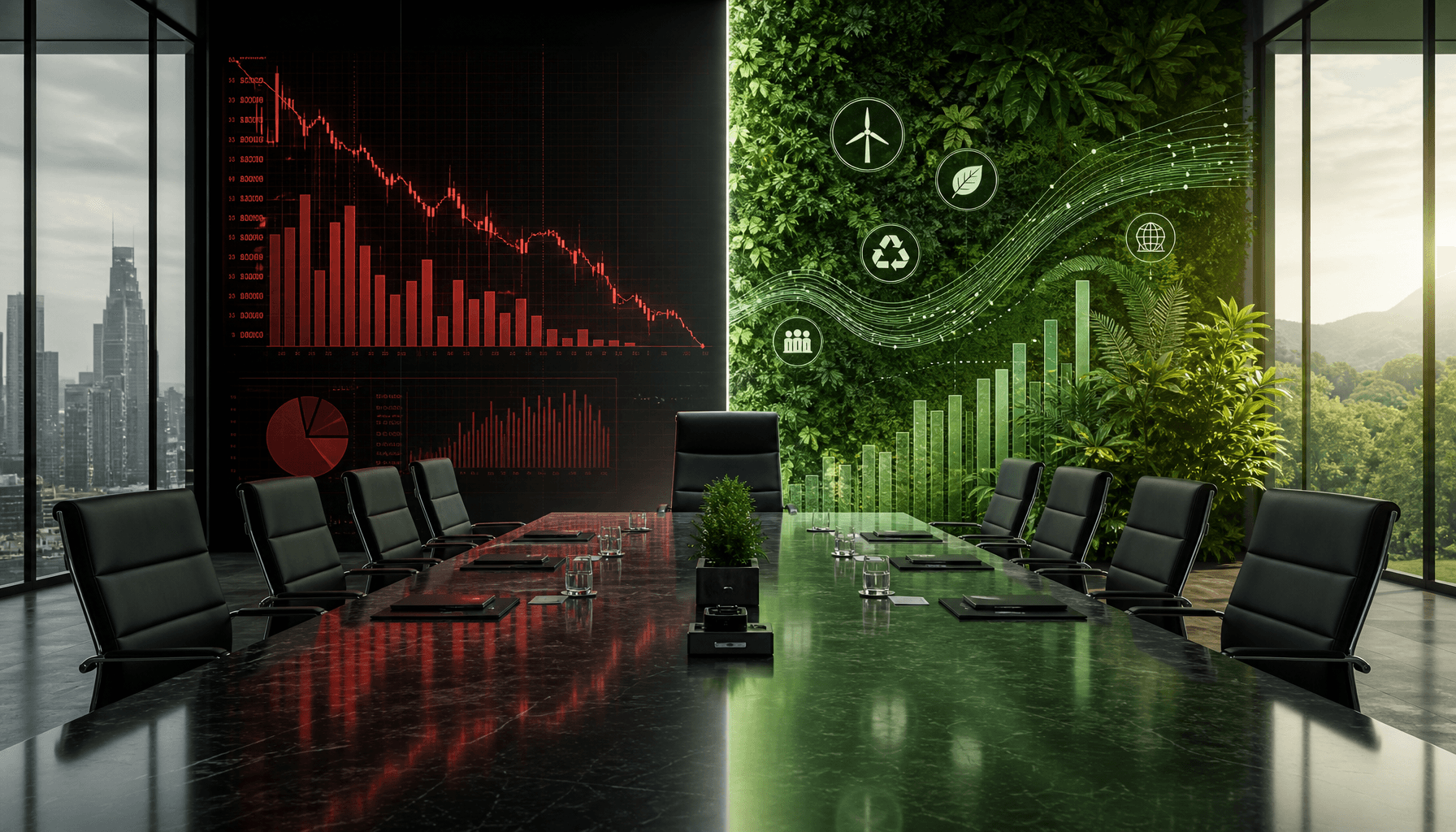 An abstract corporate boardroom setting with a split aesthetic: one side showing financial charts in