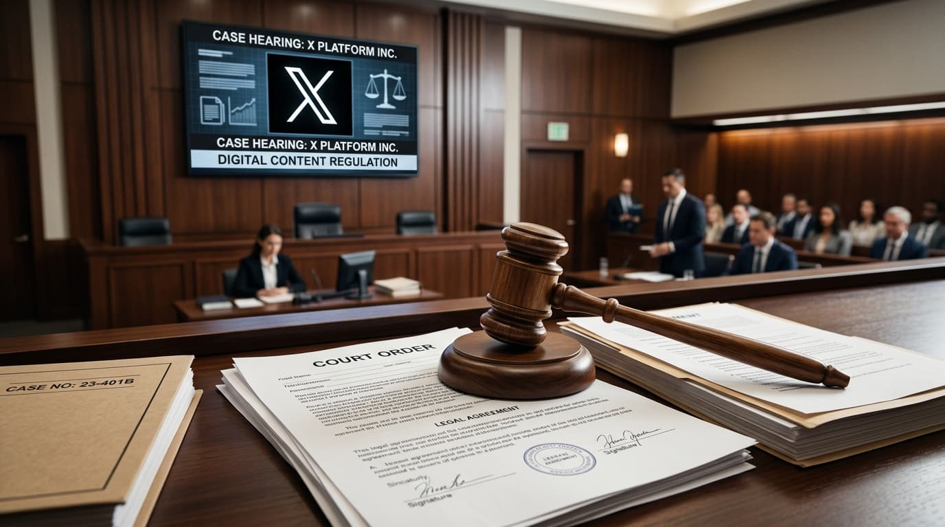 A high-angle view of a gavel resting on a legal document in a modern courtroom, digital screen displ