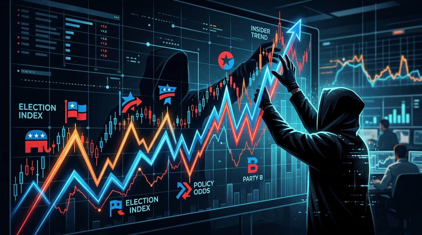 A conceptual, high-contrast illustration of a digital stock-market style graph showing political cam