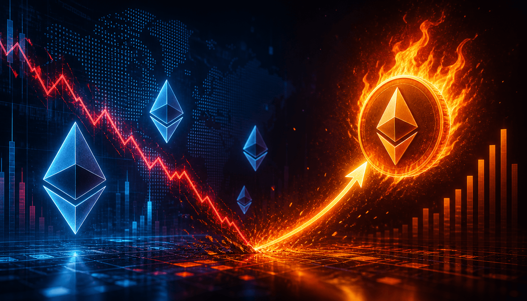 Abstract digital representation of a crypto market, glowing Ethereum symbols, a downward trending gr