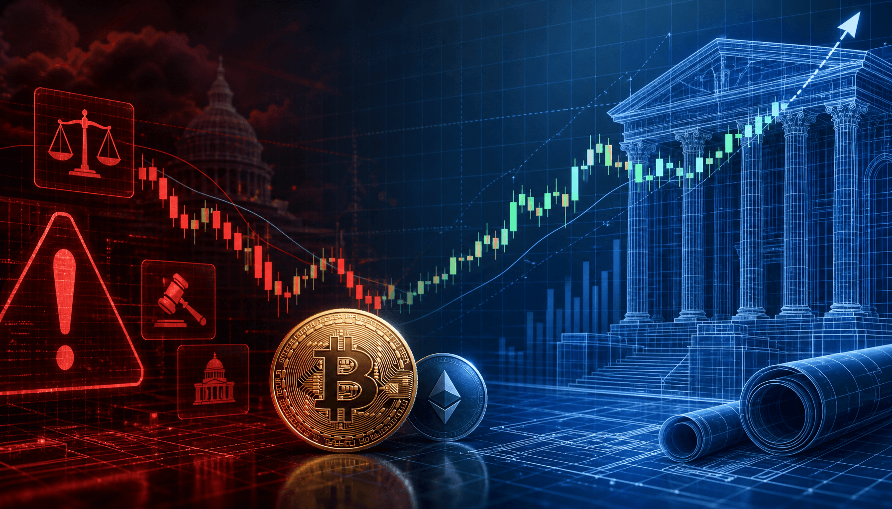 A digital illustration of a crypto market chart with a mix of warning signs and institutional buildi