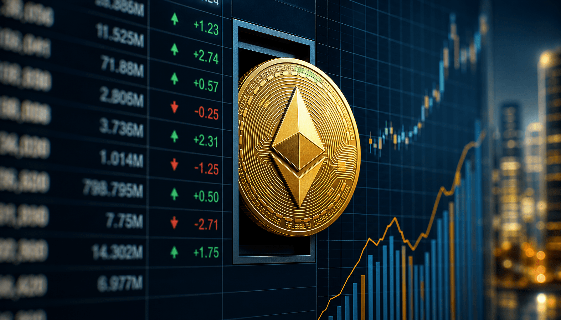 A modern, abstract digital art piece showing a gold Ethereum coin being integrated into a traditiona