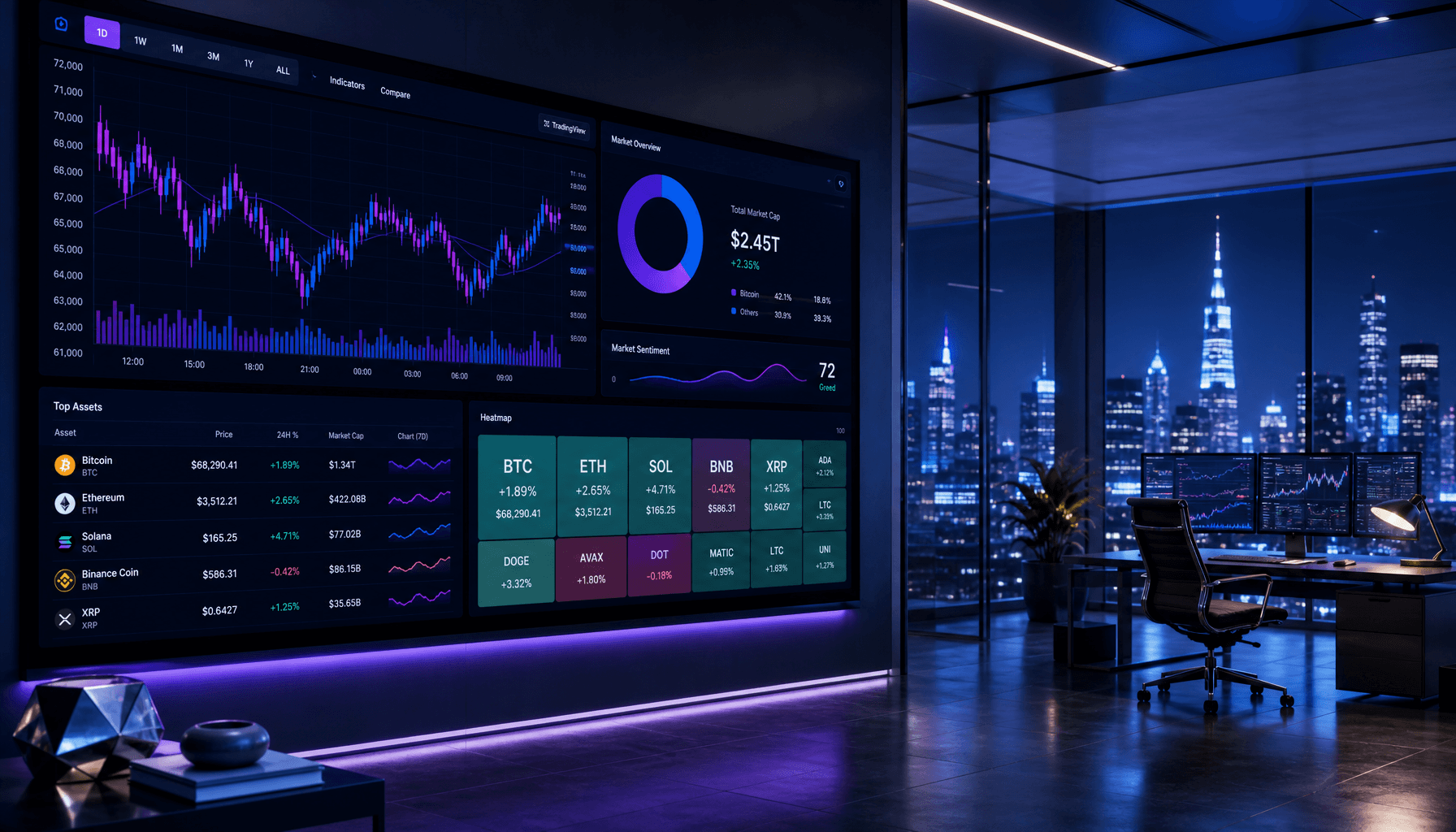 A sophisticated digital financial dashboard displaying cryptocurrency market trends, sleek instituti