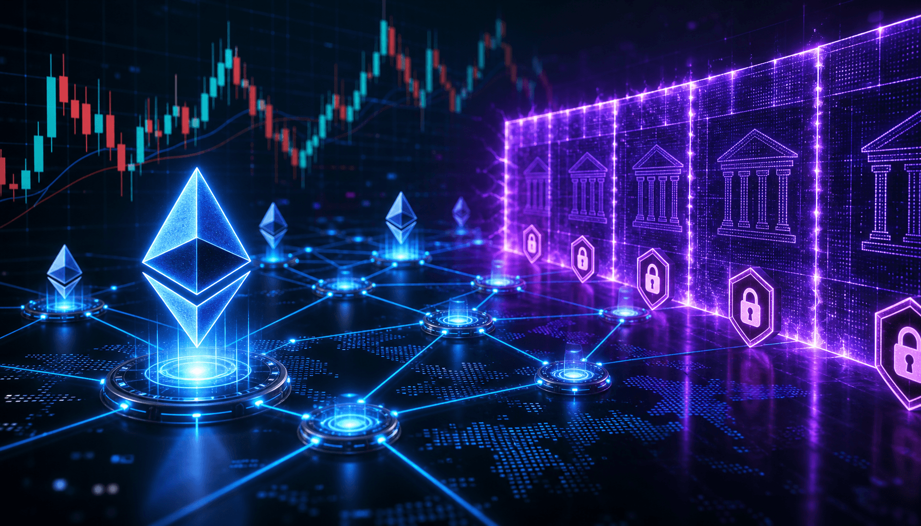 Abstract digital representation of cryptocurrency markets, glowing ethereum logos and blockchain nod