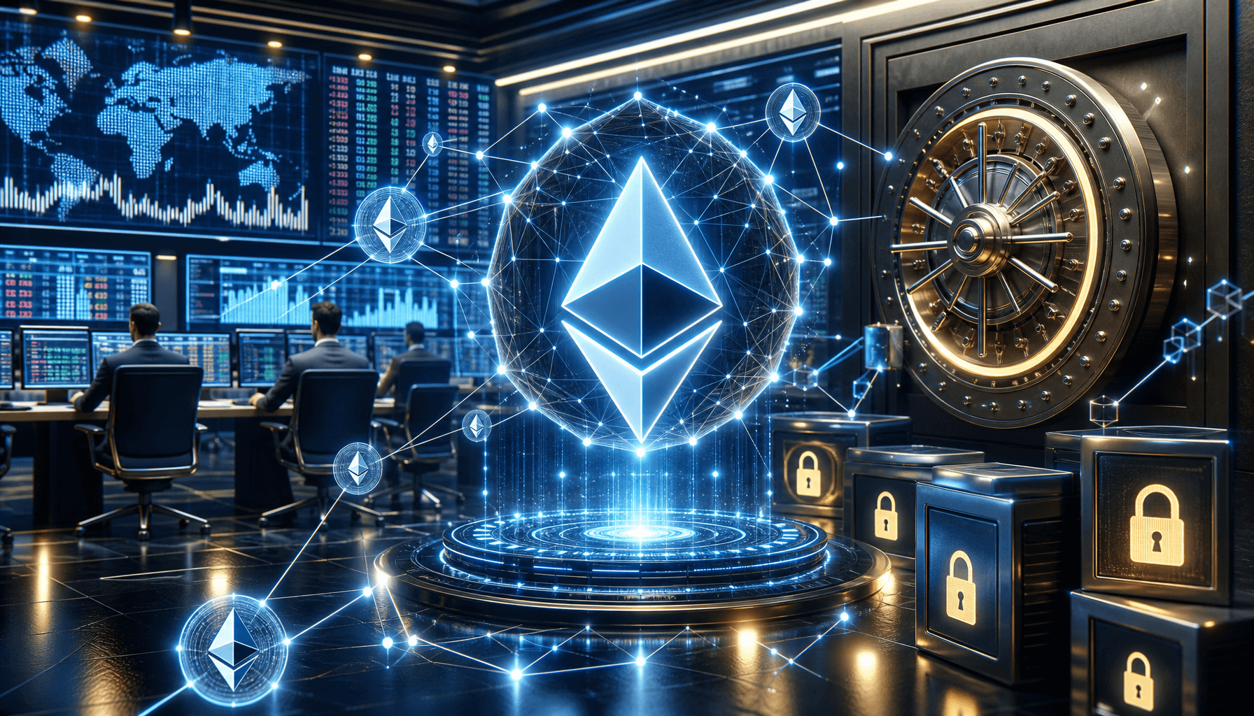 Digital abstract art representing a cryptocurrency trading floor with glowing Ethereum symbols, secu