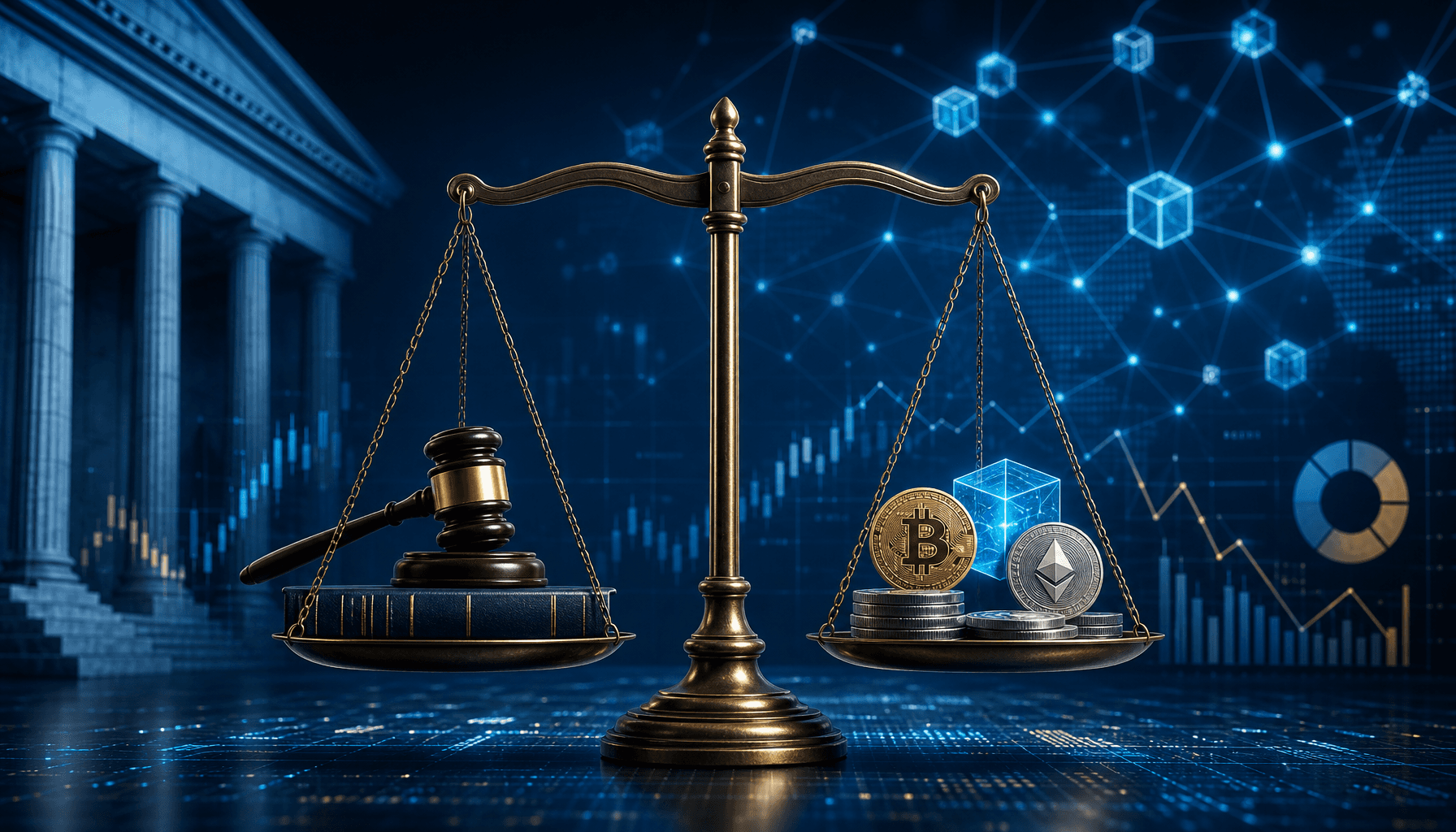 A conceptual digital illustration of a balanced scale representing legal compliance and digital asse