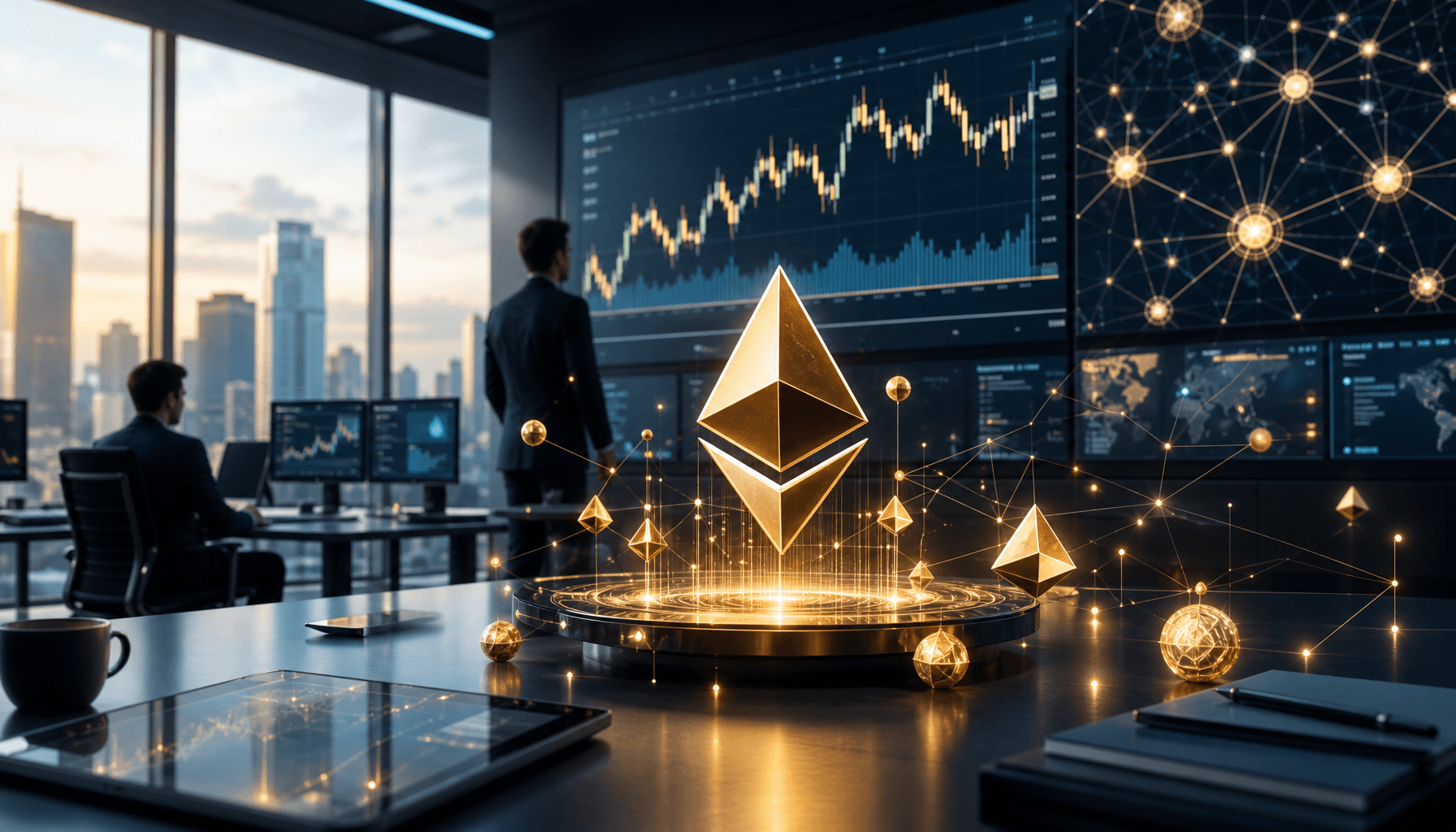 A modern financial office with digital screens displaying Ethereum charts and blockchain nodes, gold