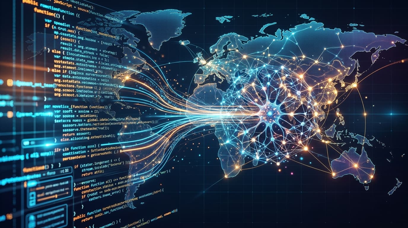 Abstract representation of computer code merging with a digital global network map, focusing on the
