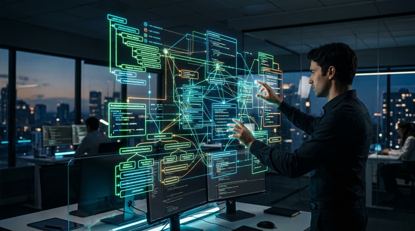 Digital holographic visualization of complex code structures in a professional corporate coding envi
