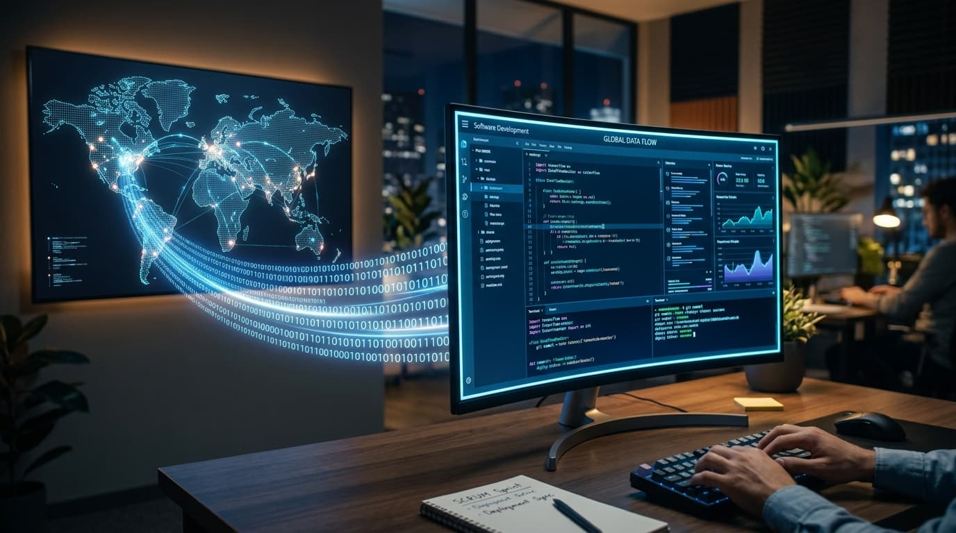 A modern software development dashboard with a futuristic blue-lit code interface, with a subtle bin