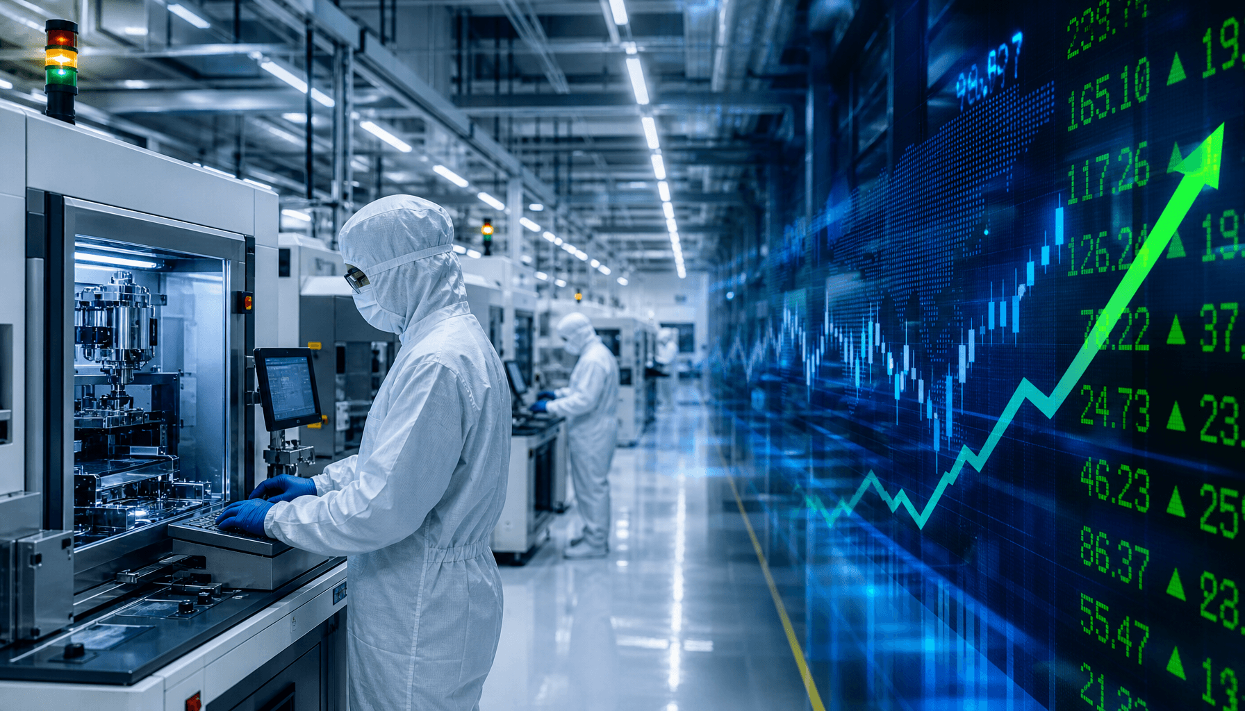 A modern, high-tech semiconductor fabrication plant interior, sleek lighting, with a digital overlay