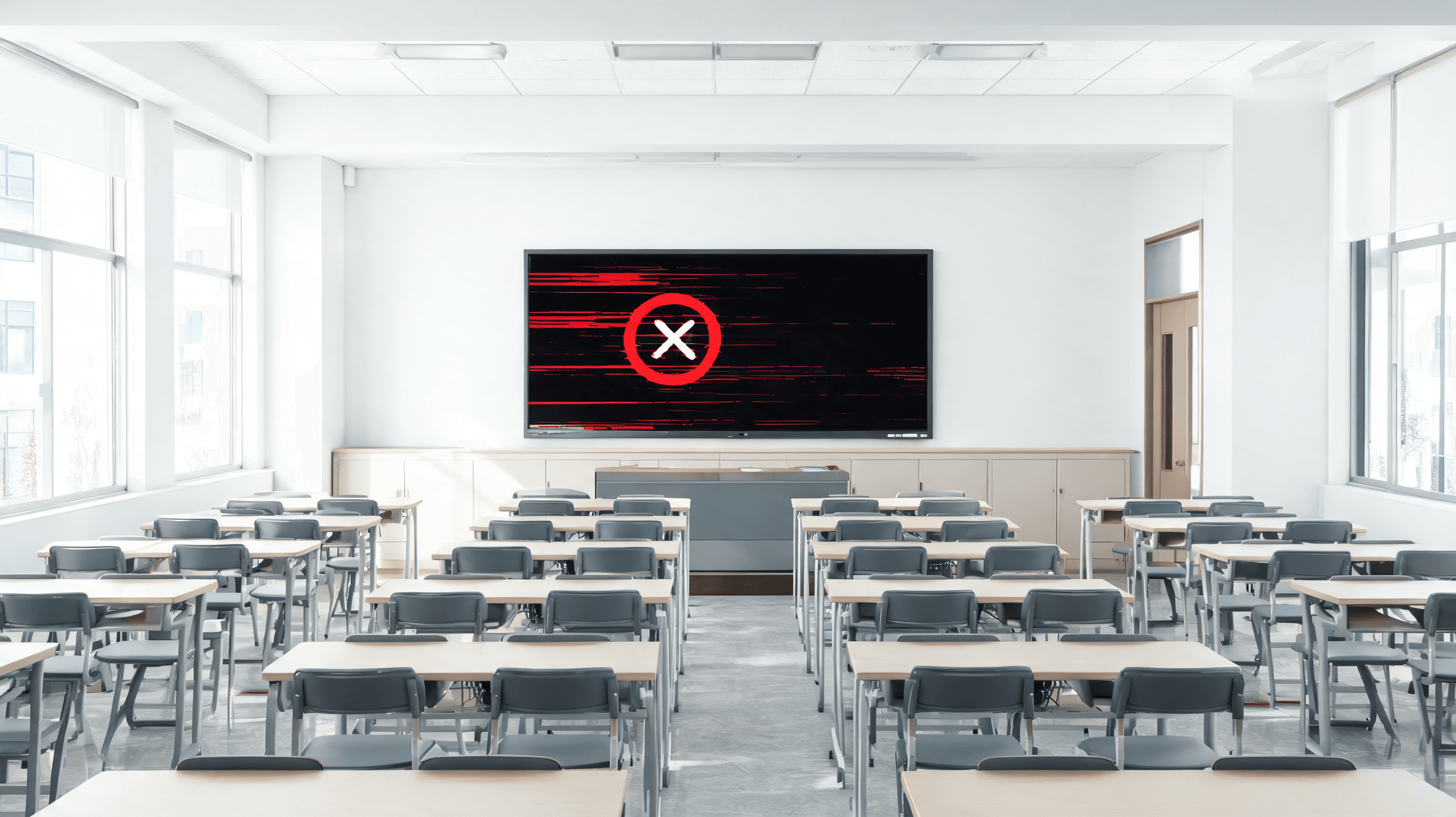 A classroom scene with empty desks and a computer screen showing a 'System Error' message, high cont