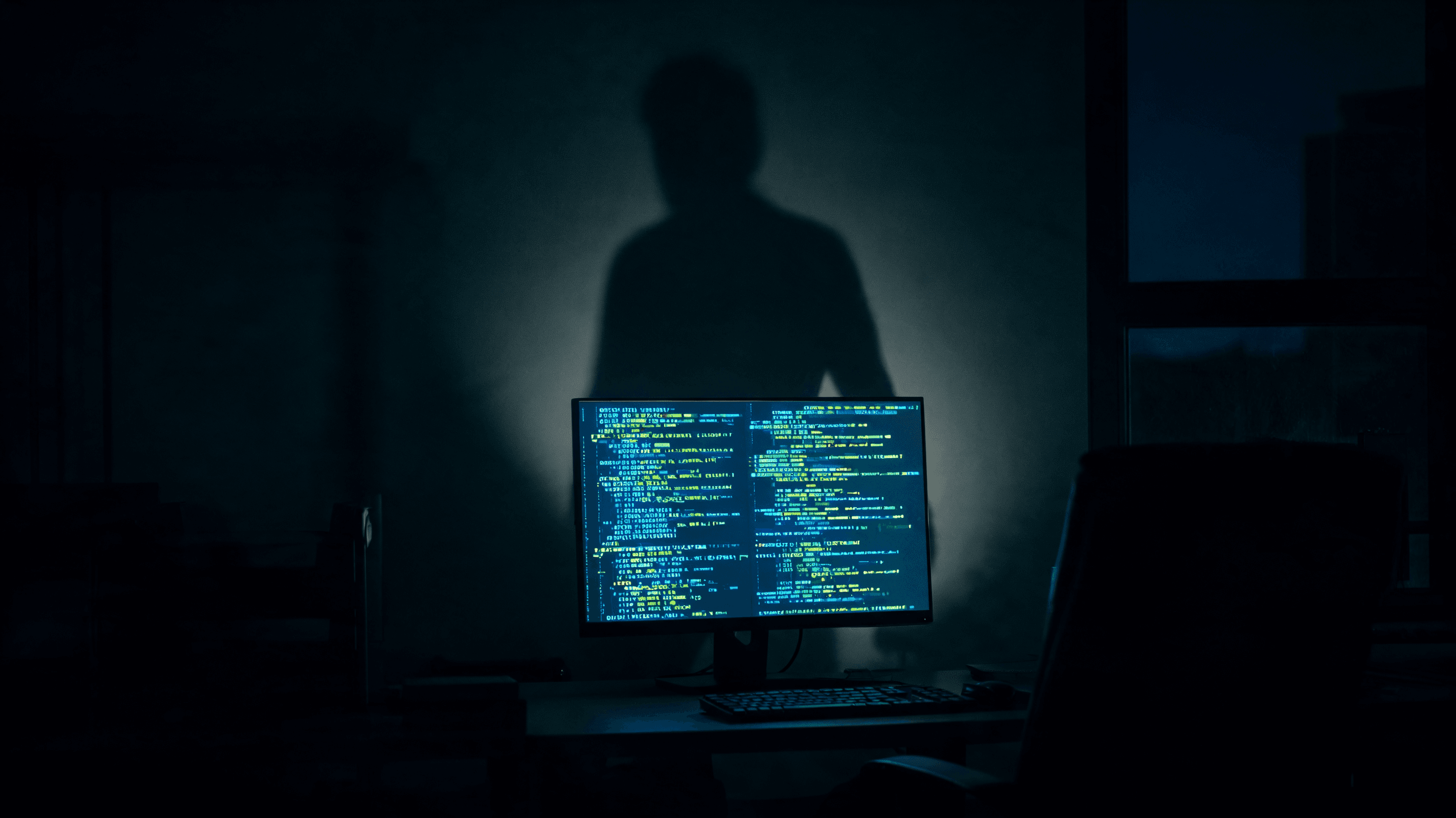 A dark, intense photo symbolizing the crossover between digital data and physical threats, a glowing