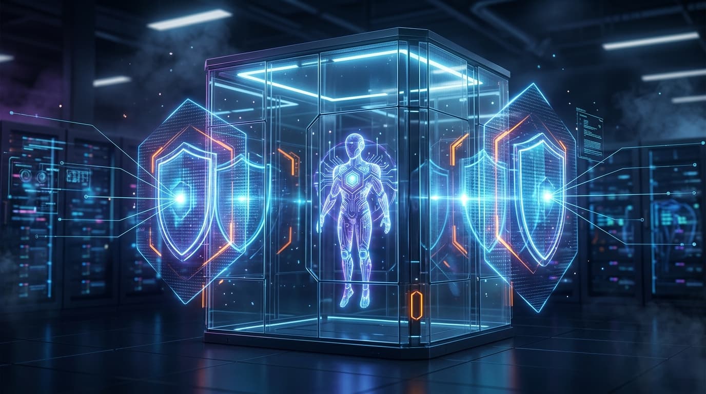 A digital illustration representing Zero Trust security, showing a secured AI agent inside an isolat