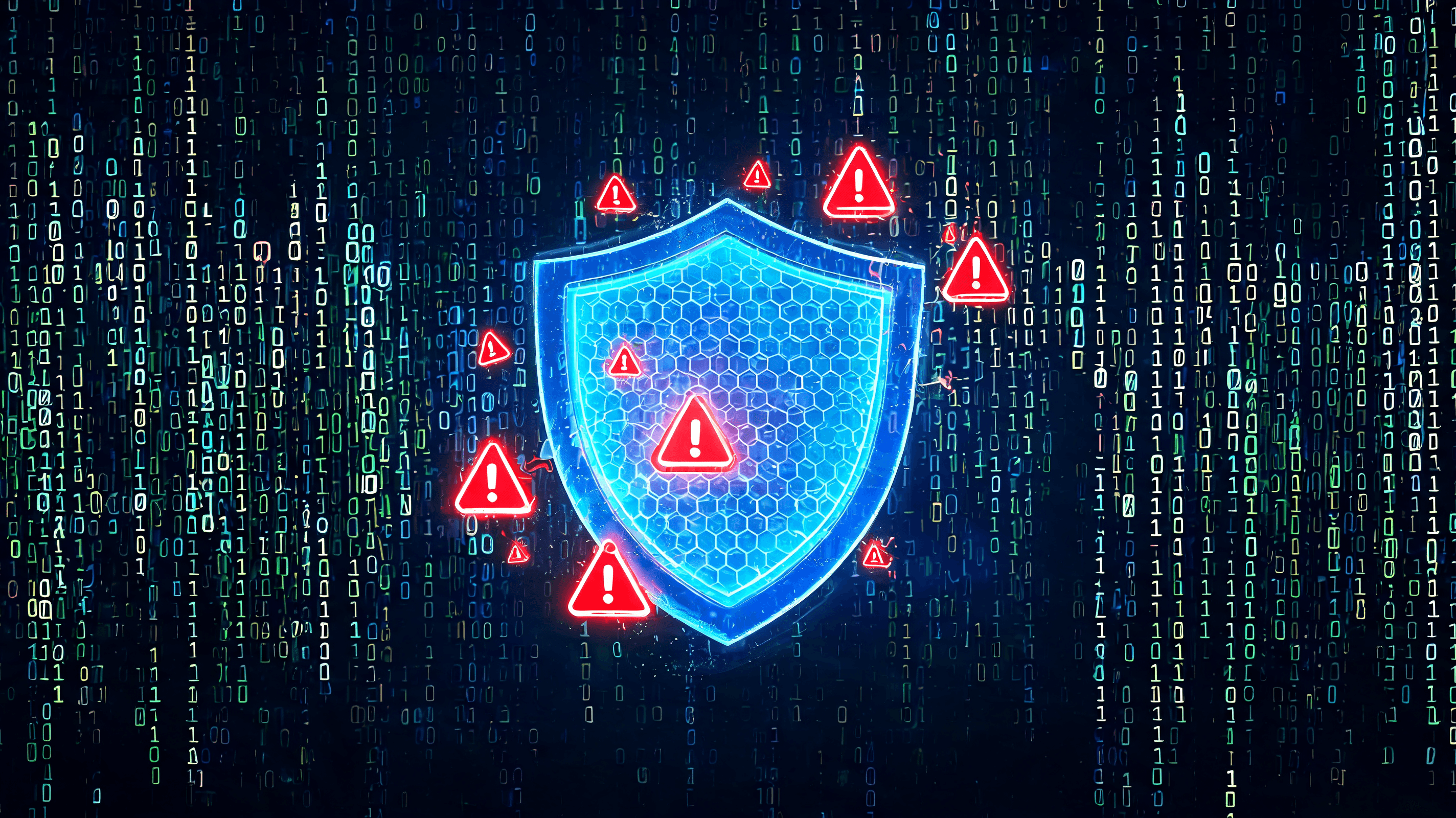 A digital visualization of a high-tech cybersecurity defense shield glowing blue against a backdrop
