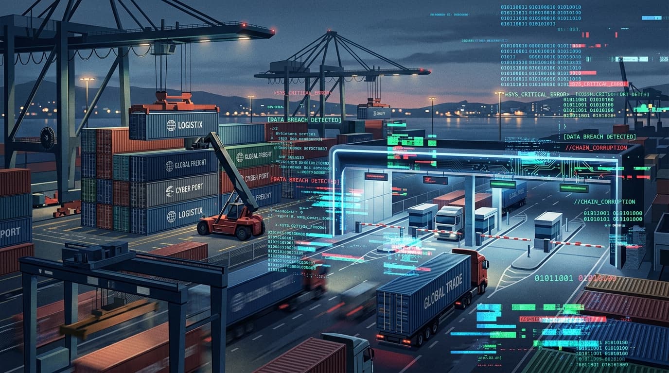 A modern, high-tech conceptual illustration showing a shipping container or a border gate with digit