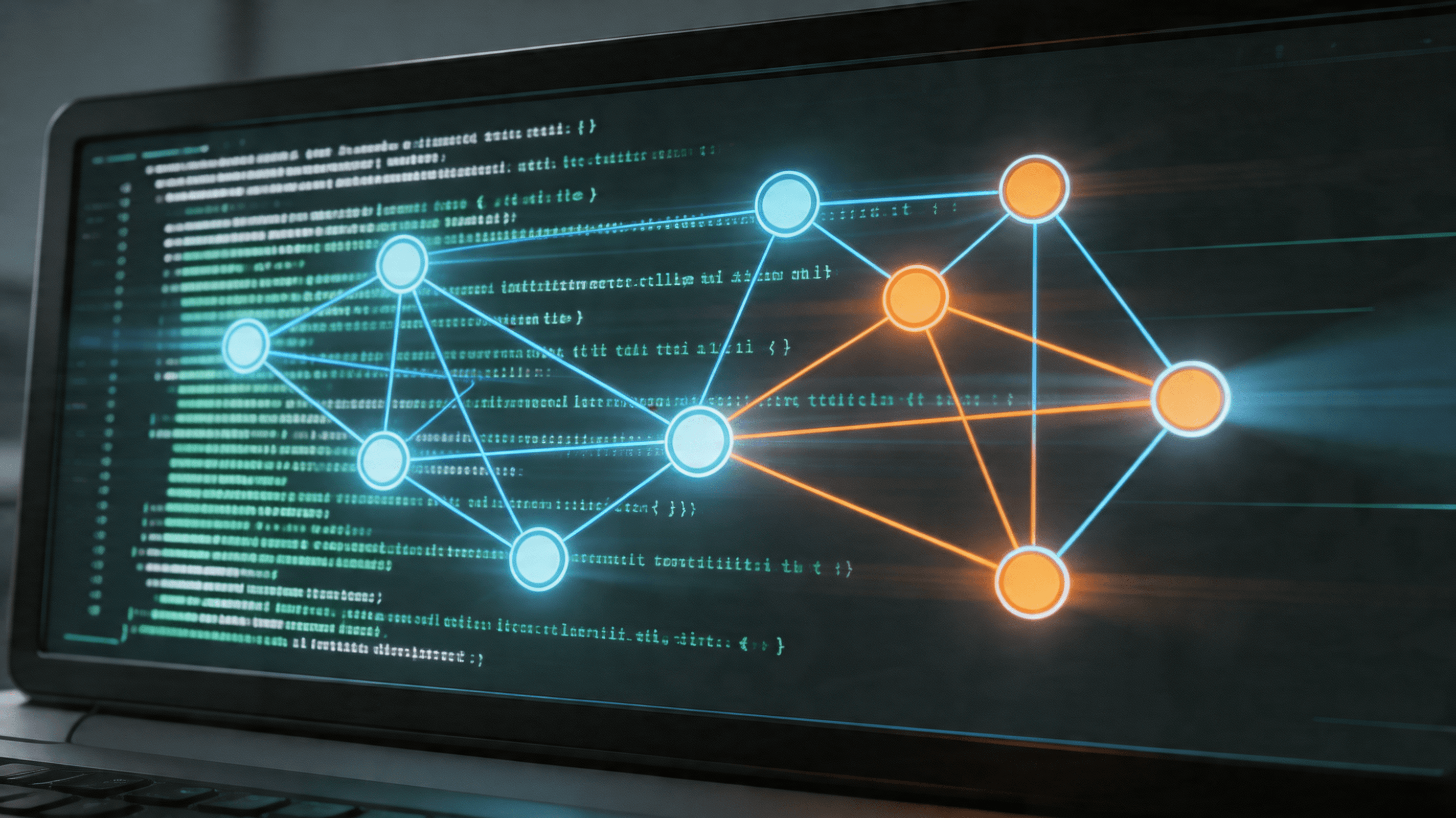 A futuristic representation of a security dashboard with glowing orange and blue neural network node