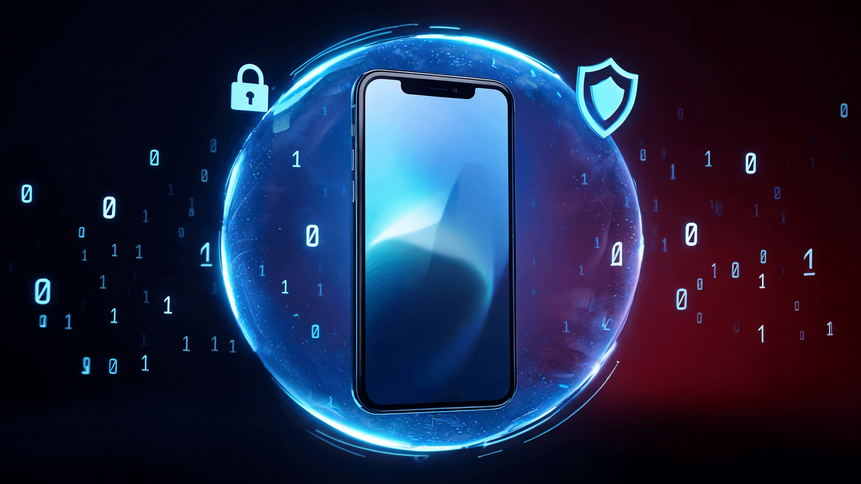 Digital concept art showing a smartphone screen being shielded by a glowing holographic bubble, abst