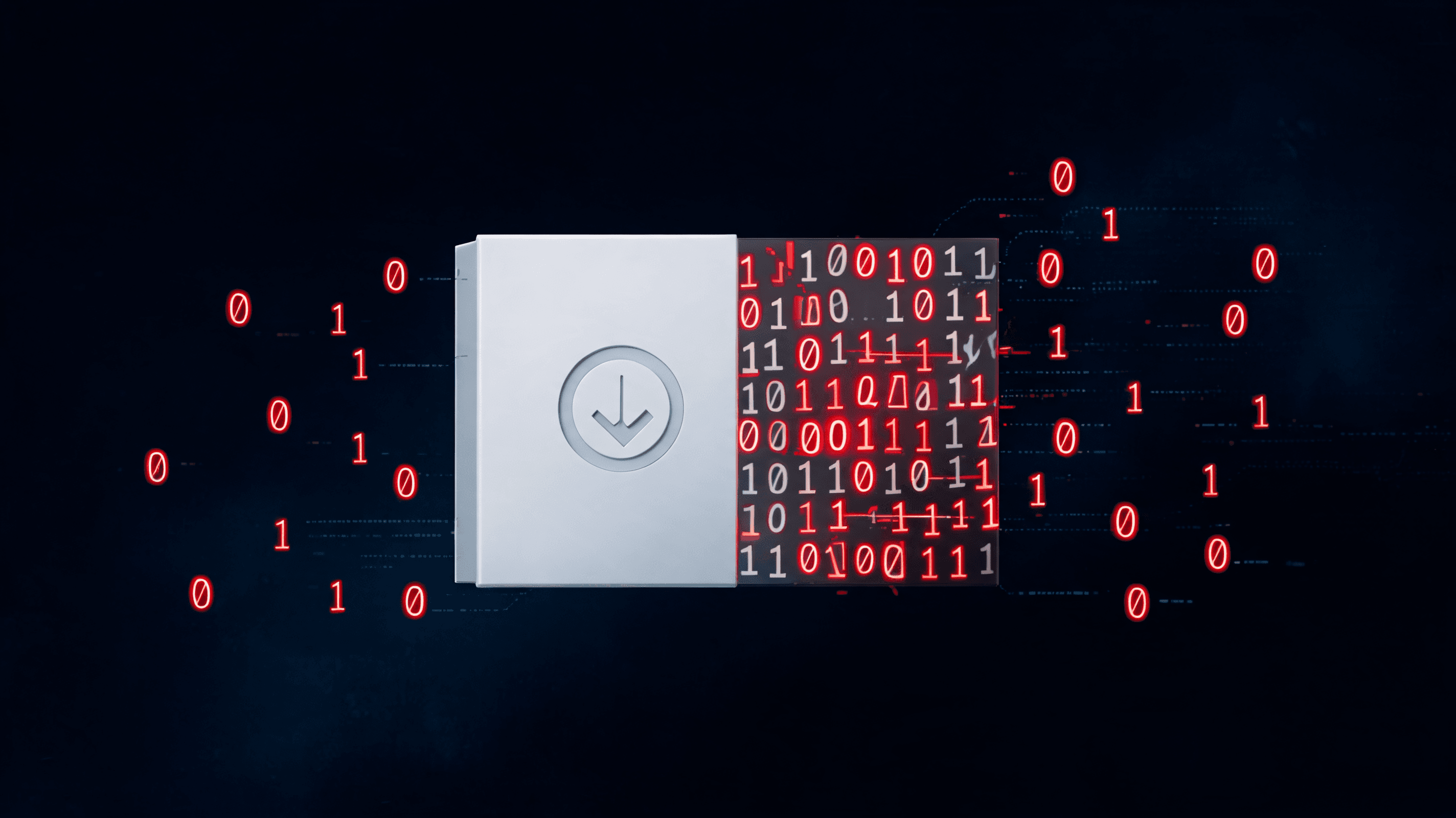 A digital representation of a compromised software supply chain, showing malicious code injected int
