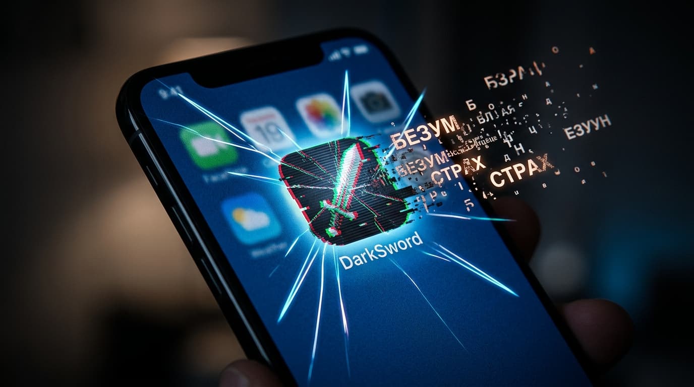 A cinematic high-contrast close-up of an iPhone screen displaying a glitchy 'DarkSword' icon, with d