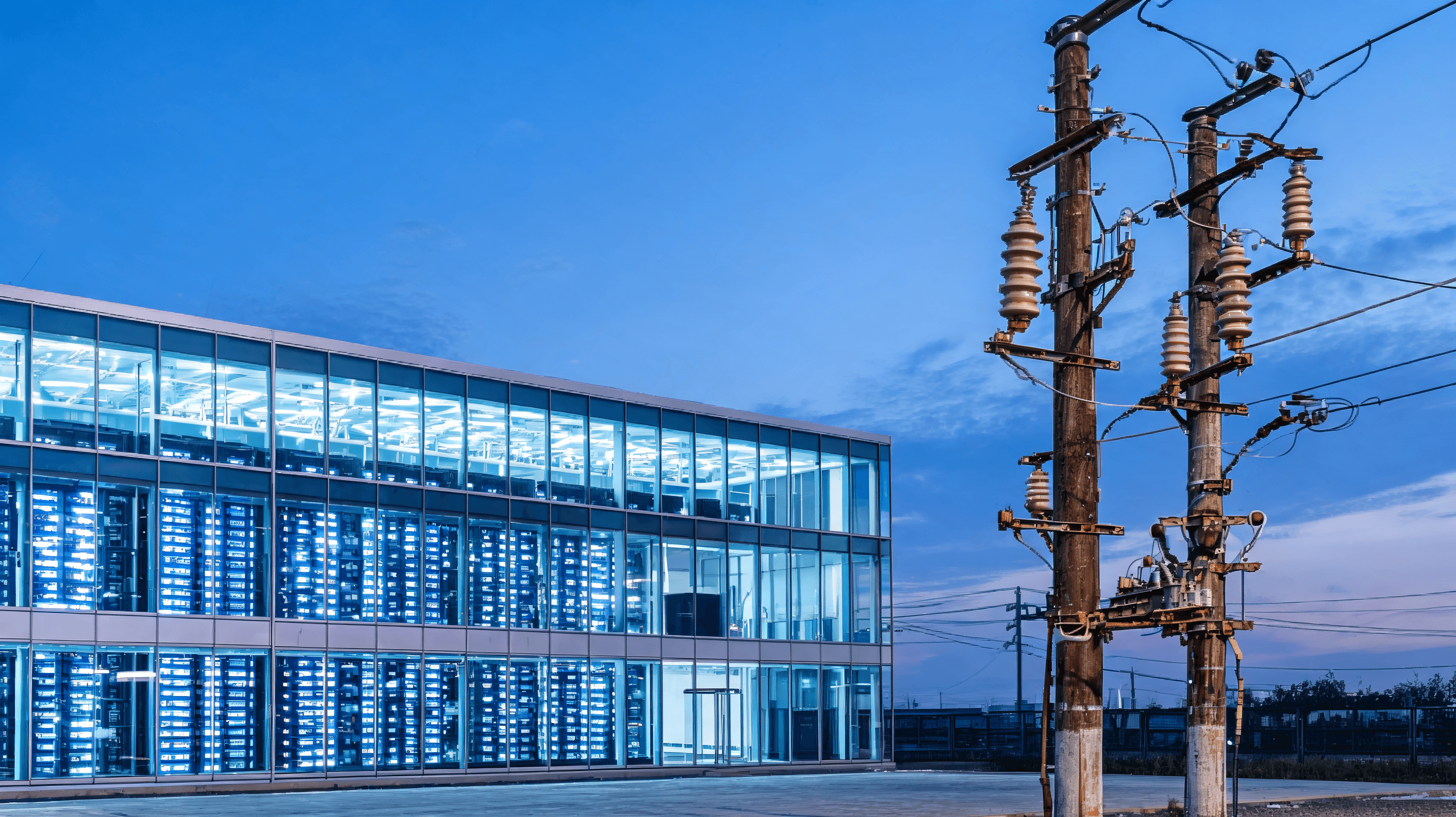 A modern, gleaming data center facility contrasted with an old, traditional electrical transmission