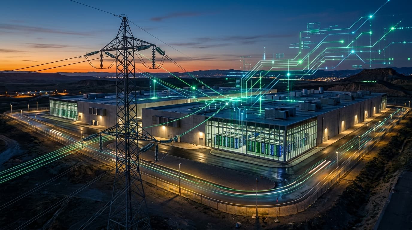 A sprawling data center facility at dusk, with glowing server racks visible inside, high-tension pow