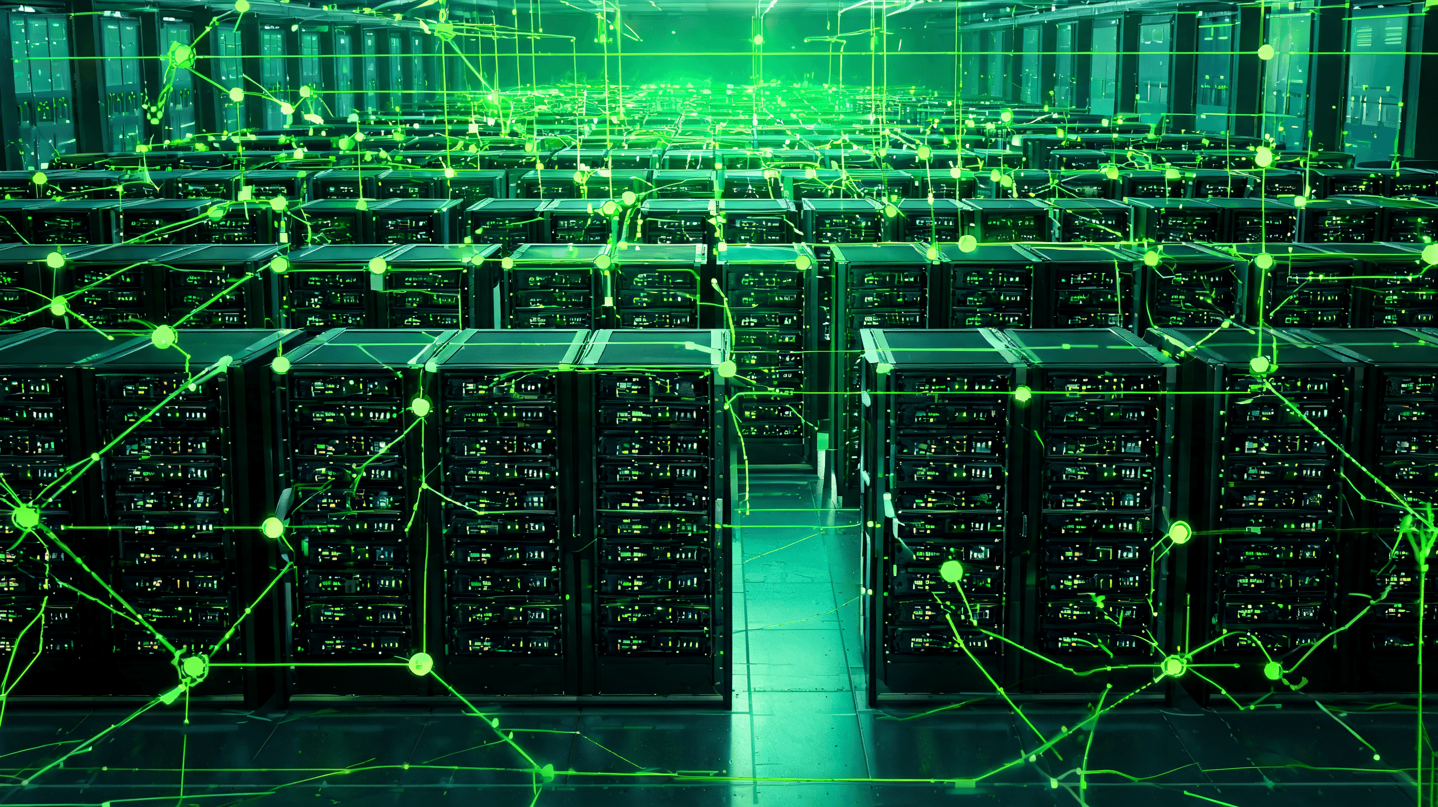 A vast field of server racks bathed in green light, blended with an overlay of a digital smart-grid