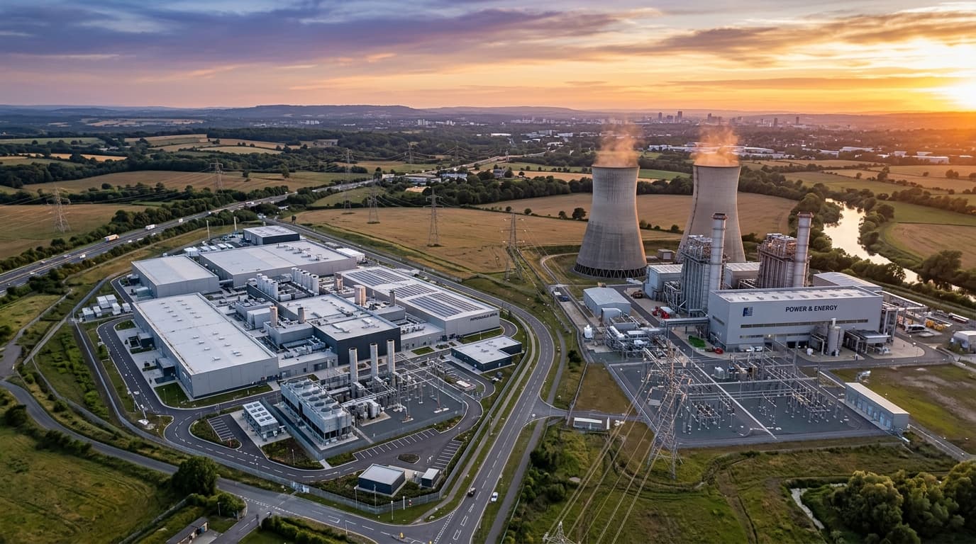 An aerial view of a massive modern data center campus next to a natural gas power plant, sunset ligh