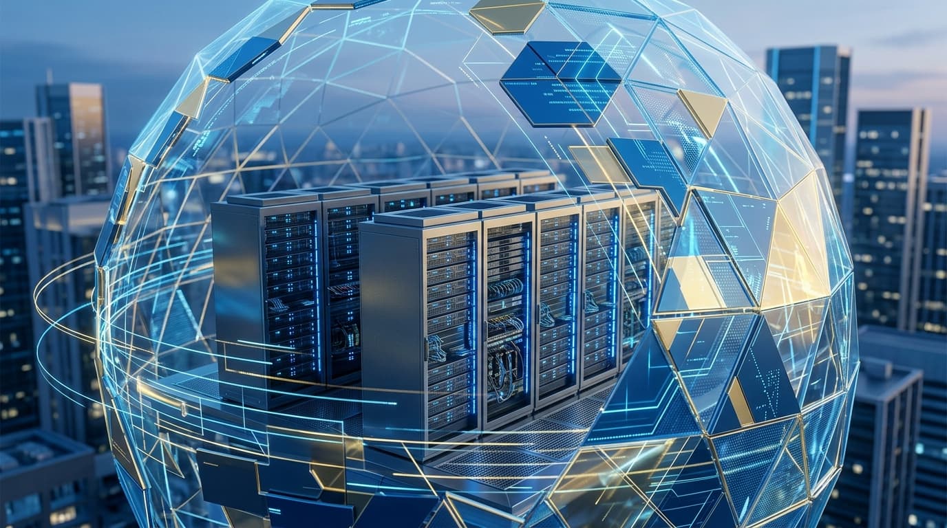 A conceptual digital visualization of a unified security shield, with modular blocks fitting togethe
