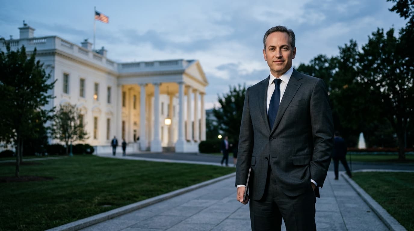 A professional portrait of an influential venture capitalist, David Sacks, standing near the White H