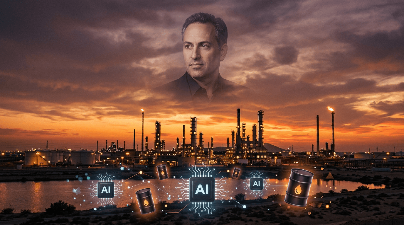 A dramatic sunset over a Middle Eastern oil refinery with David Sacks' portrait subtly integrated in