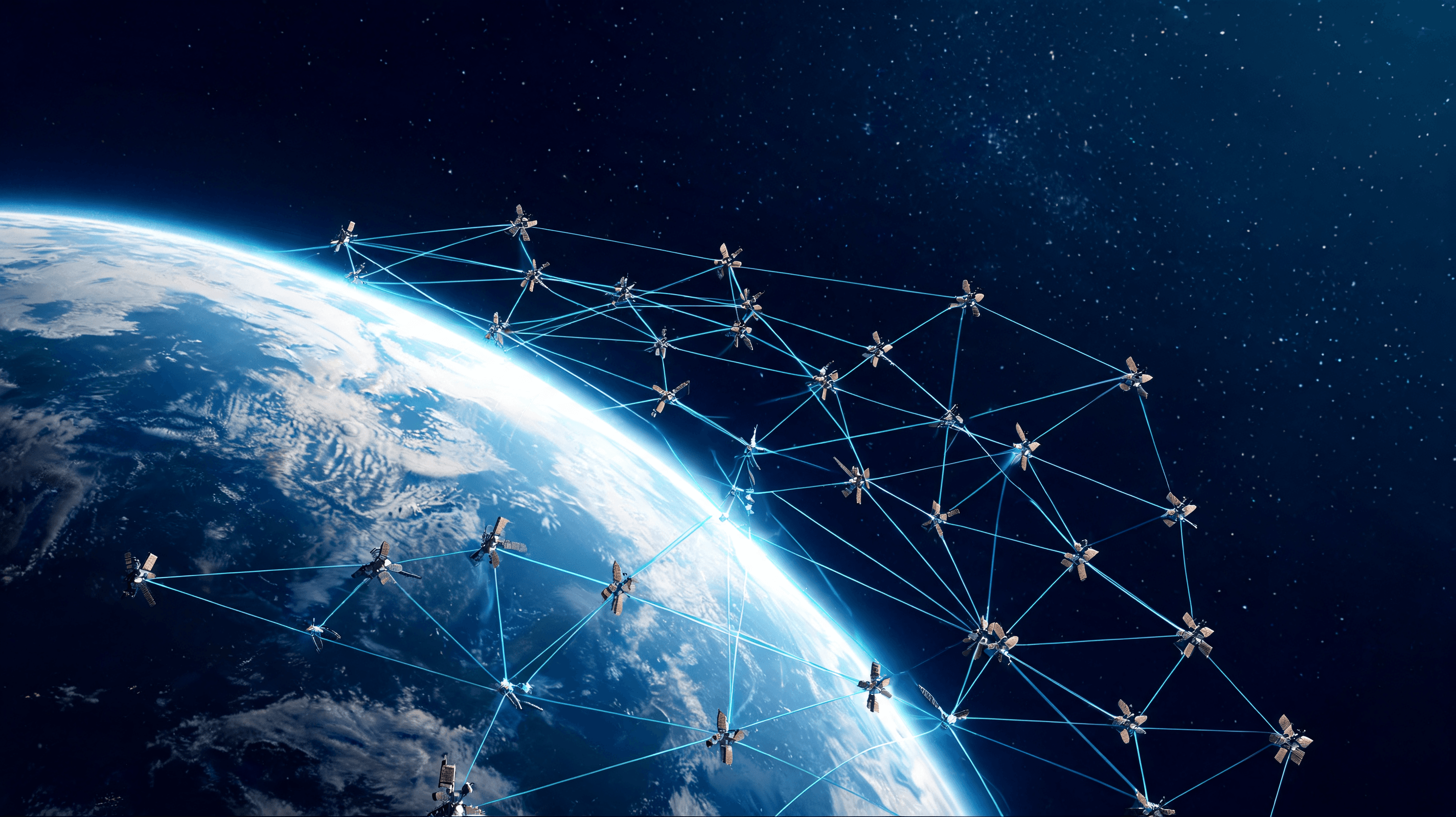 A creative rendering of a dense constellation of small satellites orbiting Earth against the deep bl