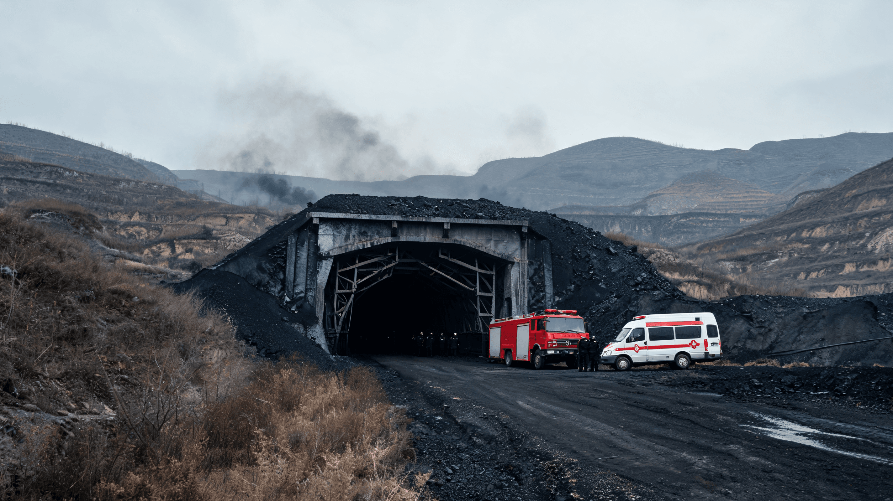A somber view of a coal mine entrance in Shanxi, China, with emergency vehicles parked outside, smok
