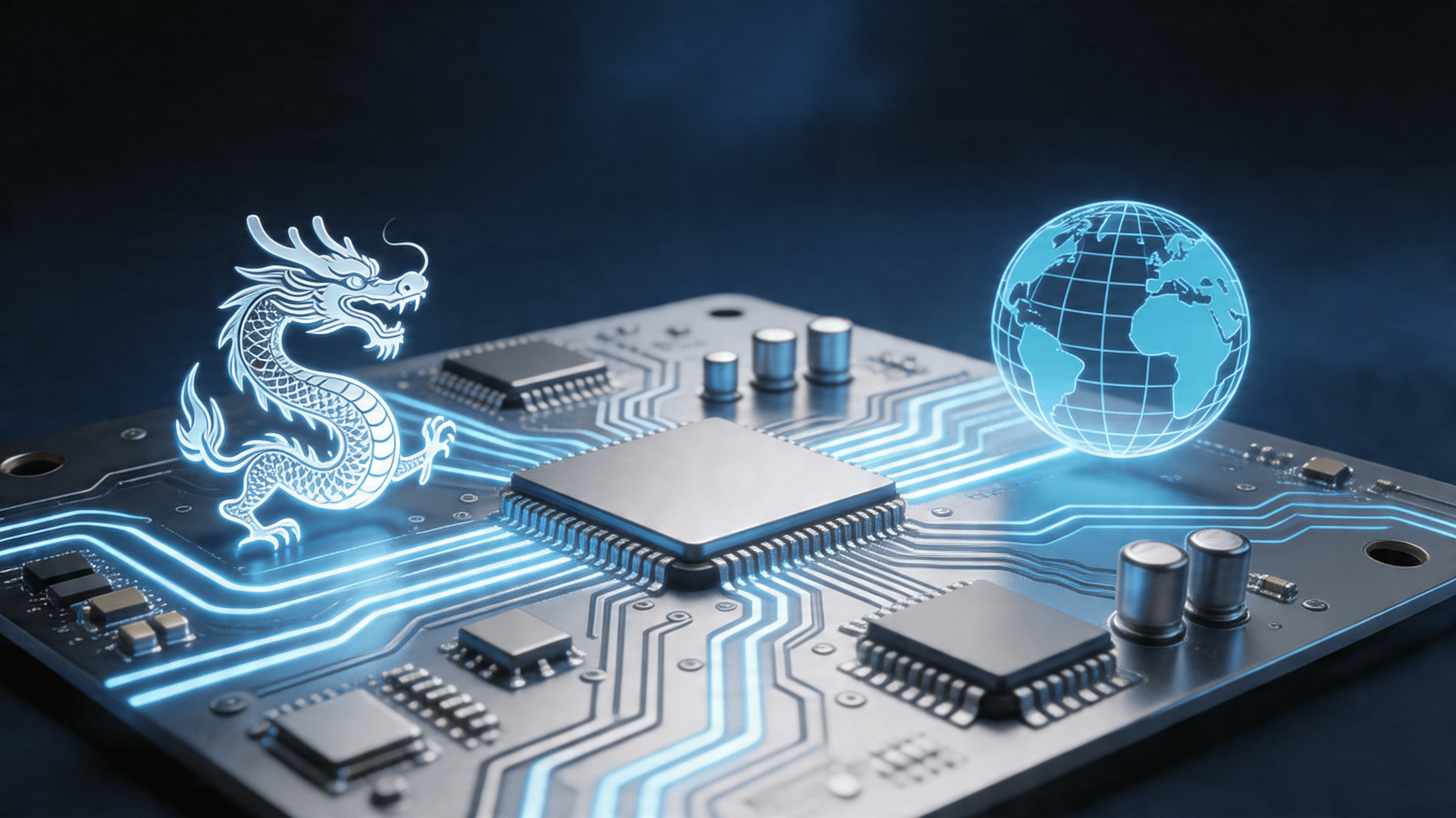 A digital visual representation of a high-performance circuit board with Chinese and global symbols,