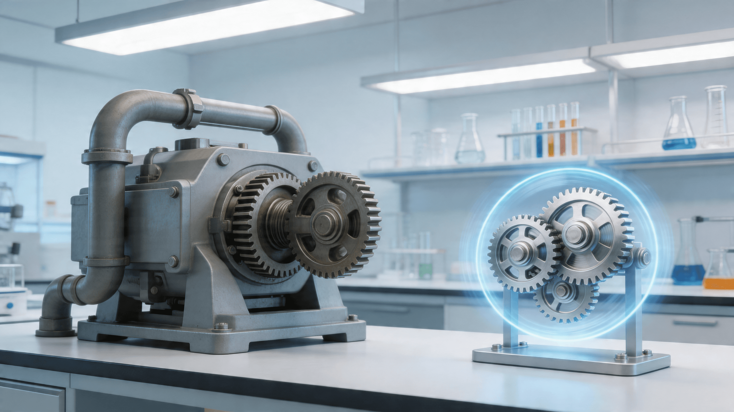 A stylized graphic showing a lightweight, efficient gear mechanism outperforming a large, heavy mach