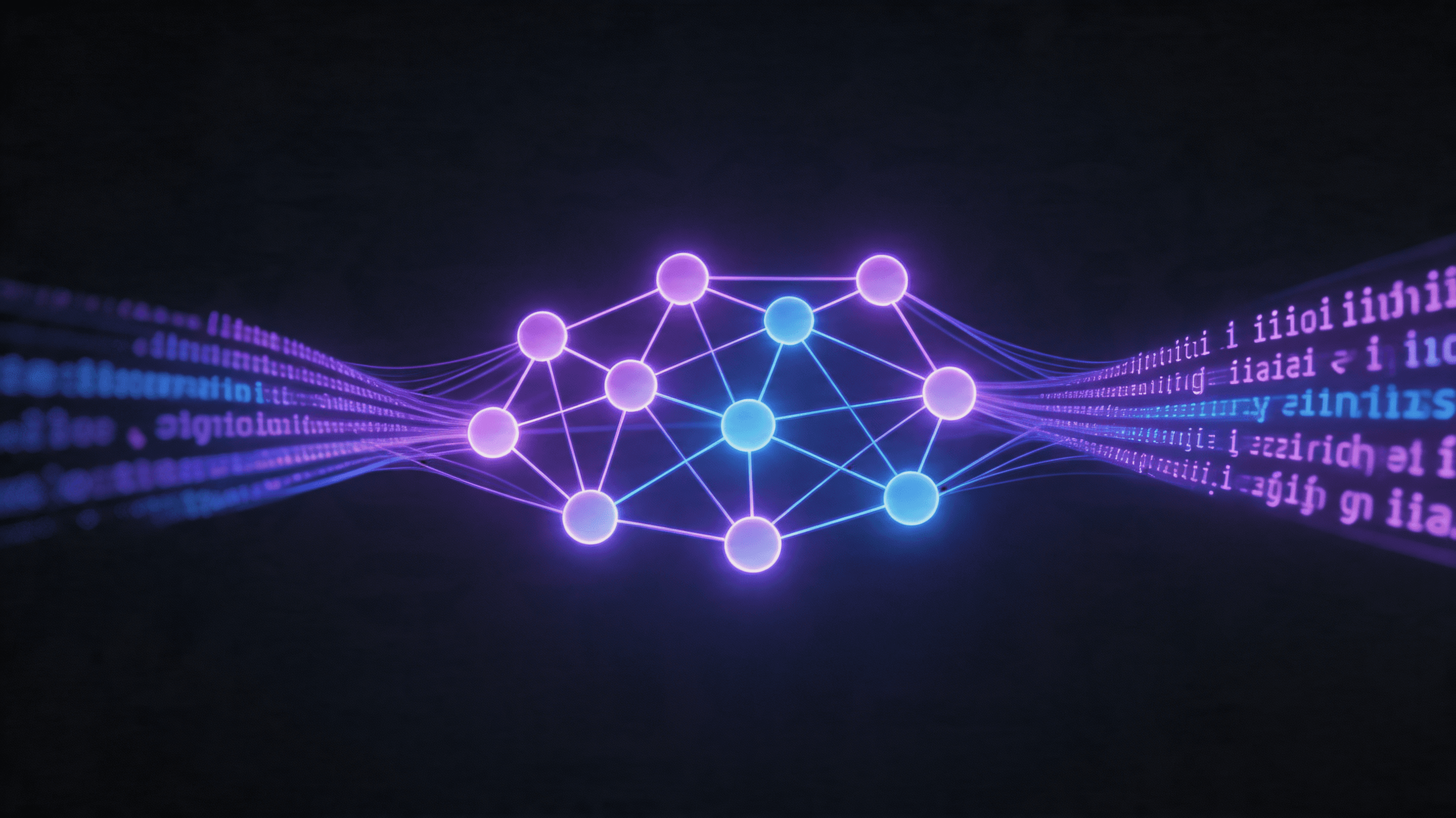 A modern, minimalist representation of a deep neural network, with flowing data lines transforming i