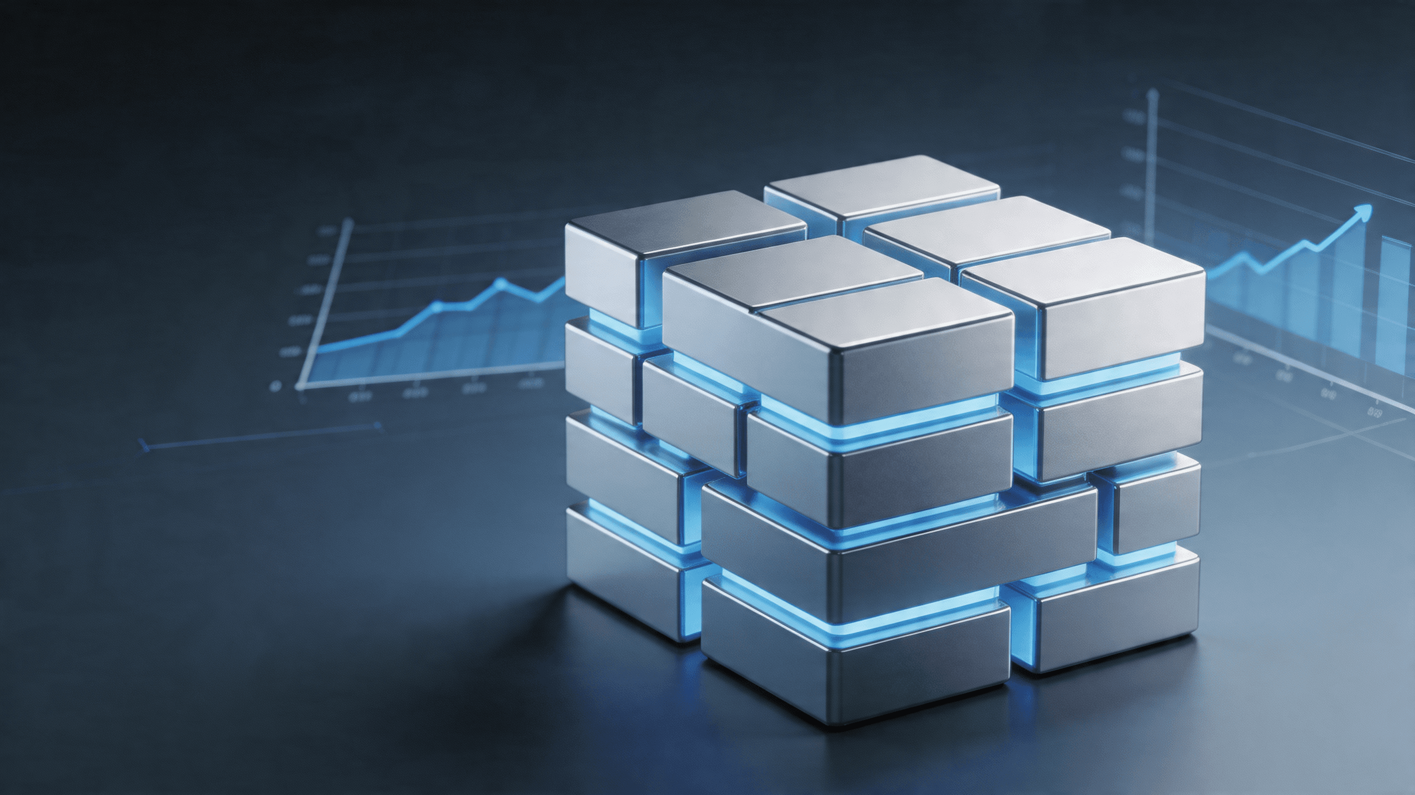 A minimalist, high-tech conceptual illustration showing a digital structure built with efficient, mo