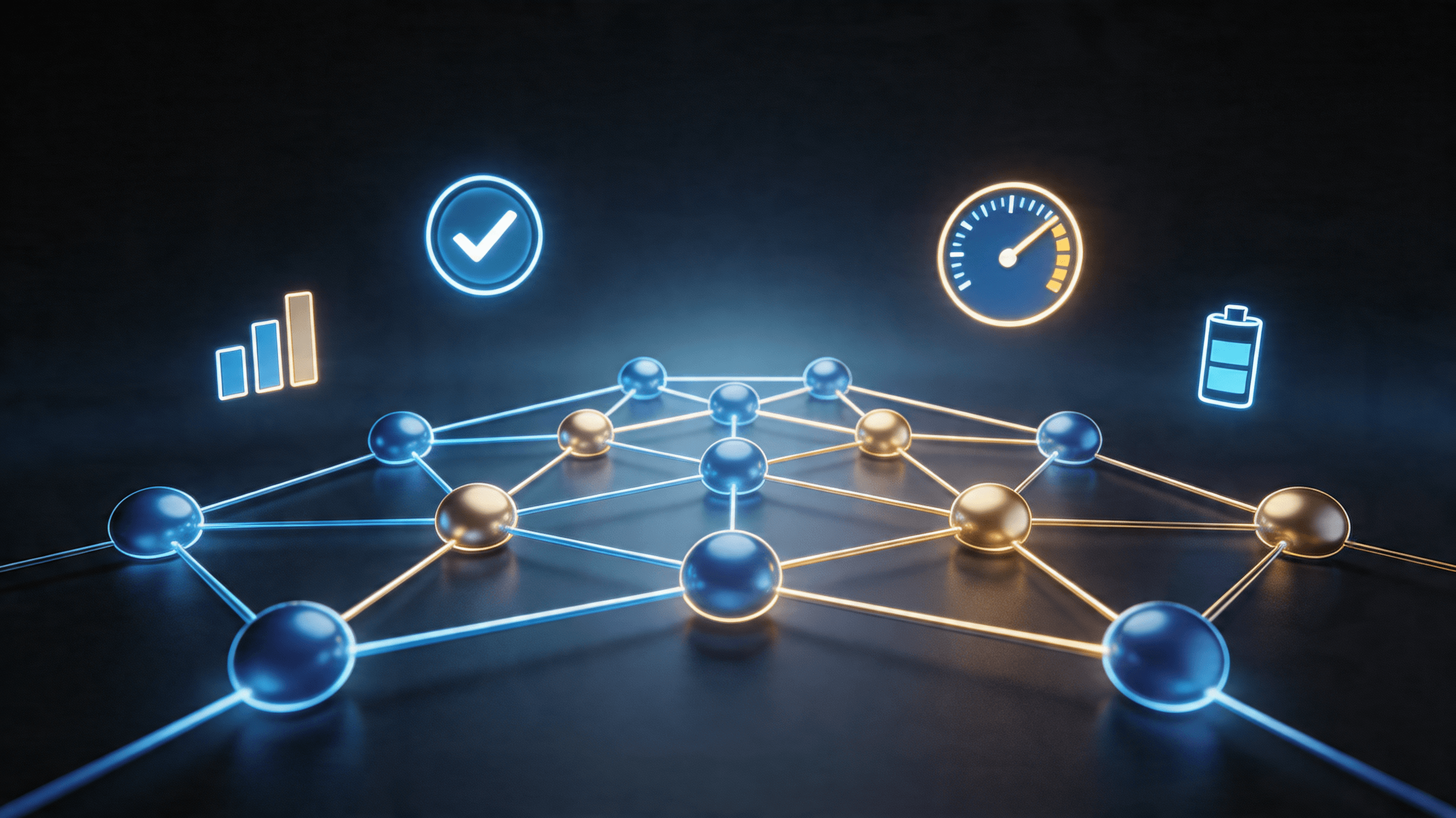 A digital representation of a neural network with glowing blue and gold connections, sleek design, s