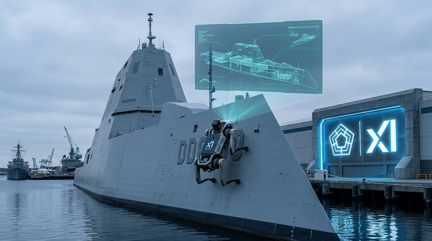 A tactical scene showing a wall-climbing robot inspecting the grey hull of a massive Navy destroyer,