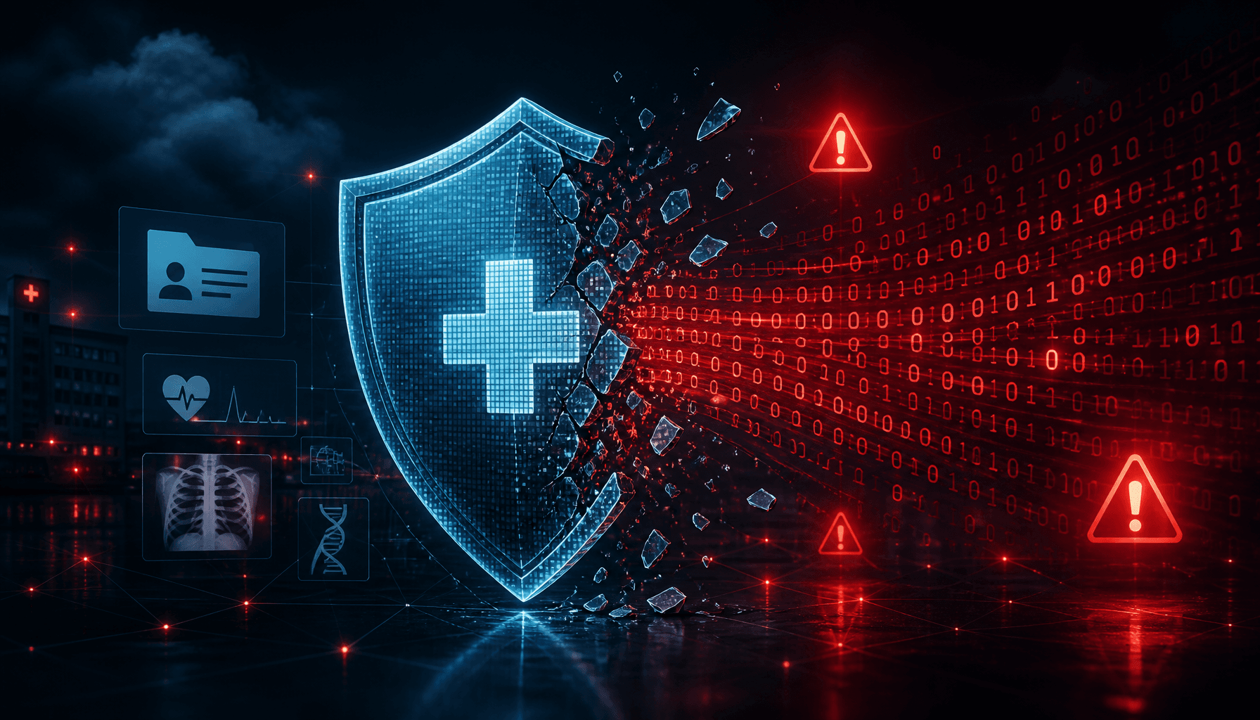 A conceptual digital illustration of a broken digital shield protecting medical records, binary code