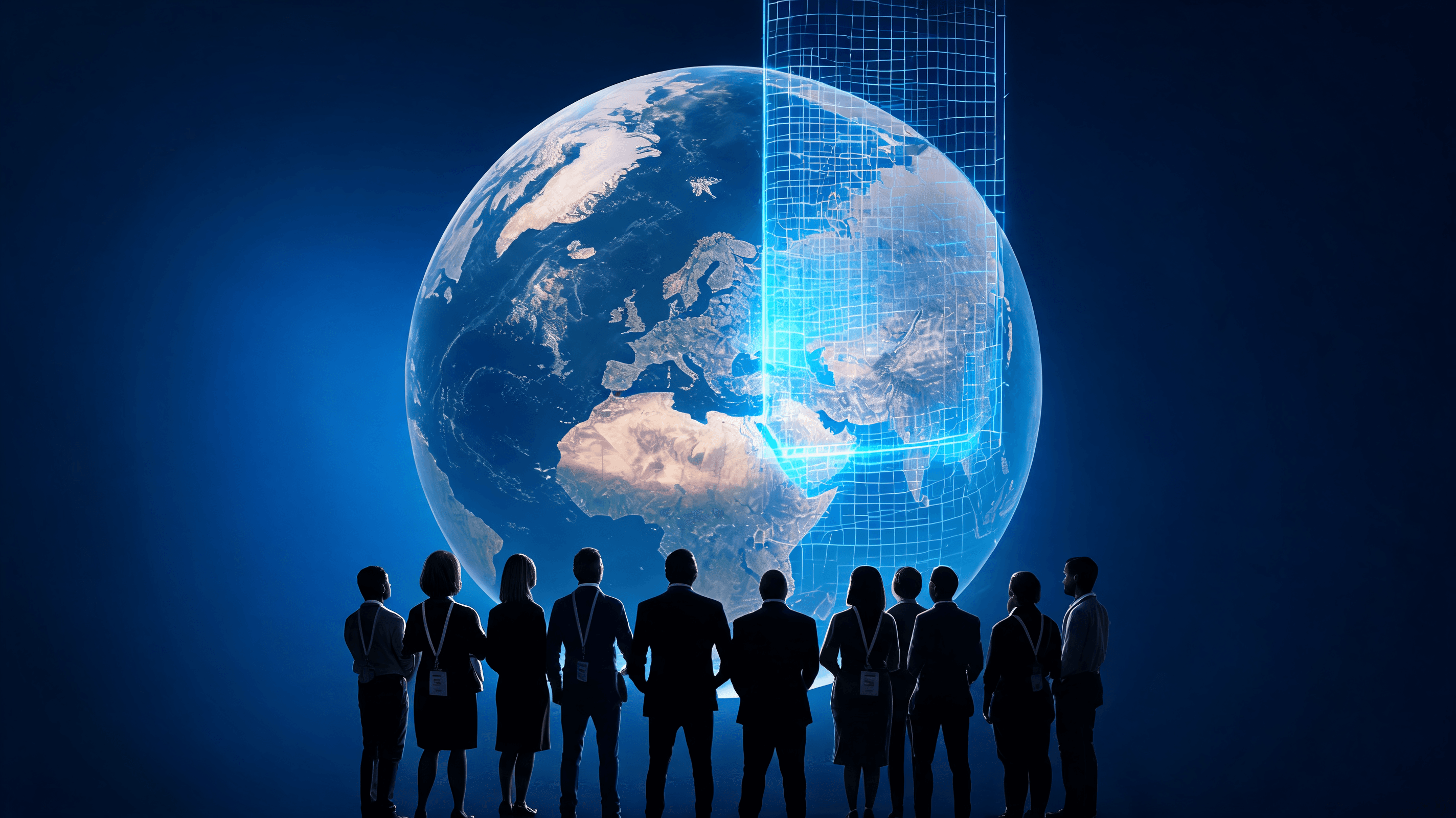 A conceptual digital illustration of a globe with a digital barrier rising in a region, with silhoue