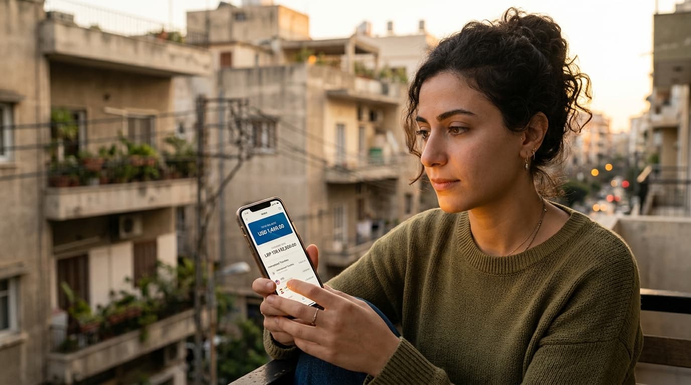 A warm, realistic photo of a Lebanese person looking at their smartphone, displaying a digital walle