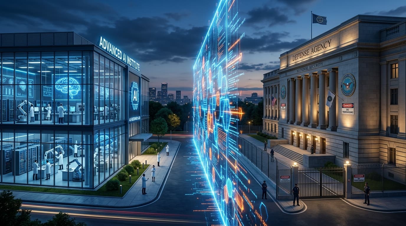 A conceptual image depicting a digital firewall separating a high-tech AI research laboratory from a