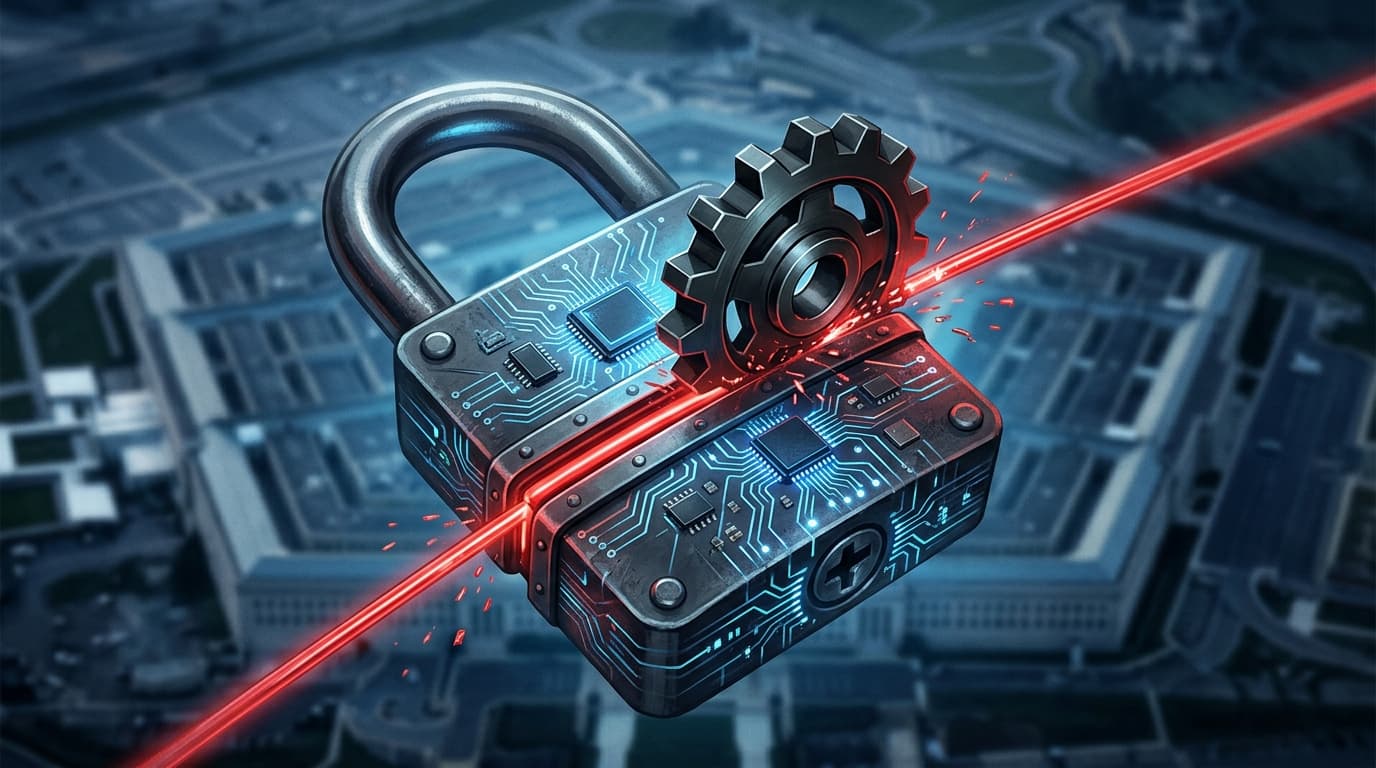 A conceptual digital illustration of a heavy industrial padlock with an integrated glowing circuit b