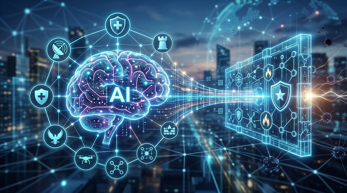 A conceptual image of a high-tech AI brain symbol integrated with traditional defense and security a