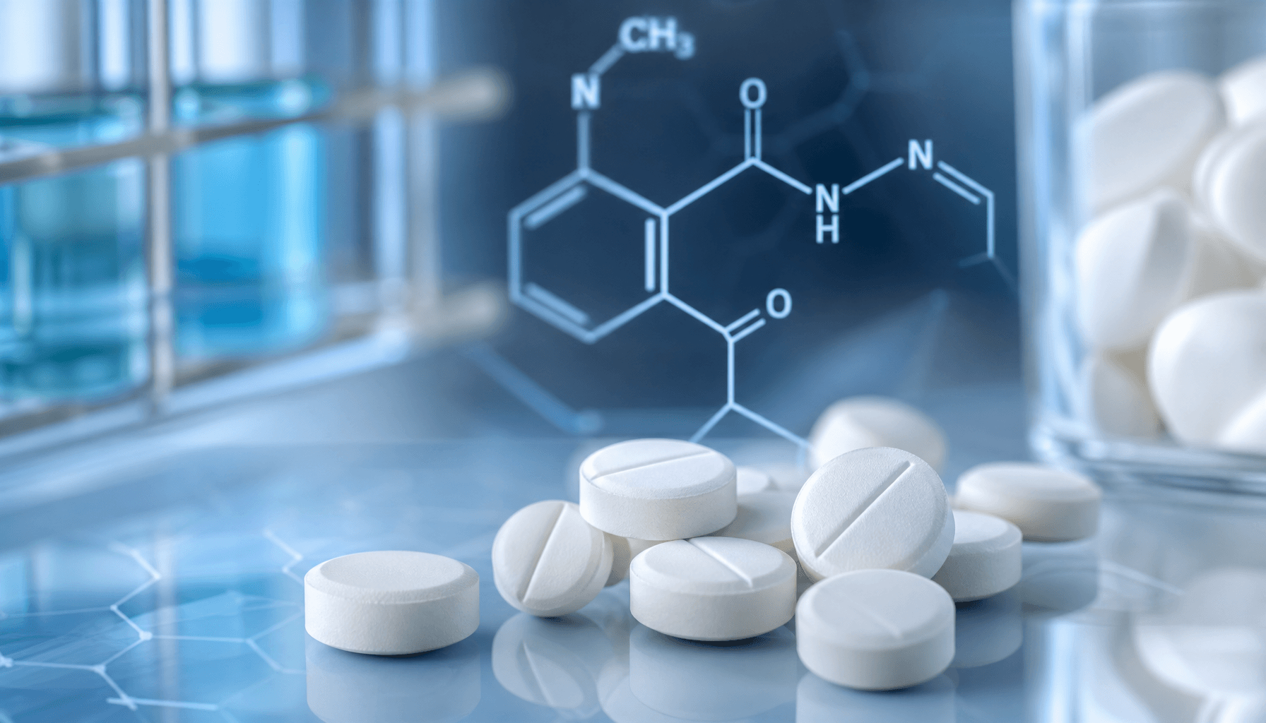 A macro shot of pharmaceutical tablets and a chemical structure diagram, professional laboratory set