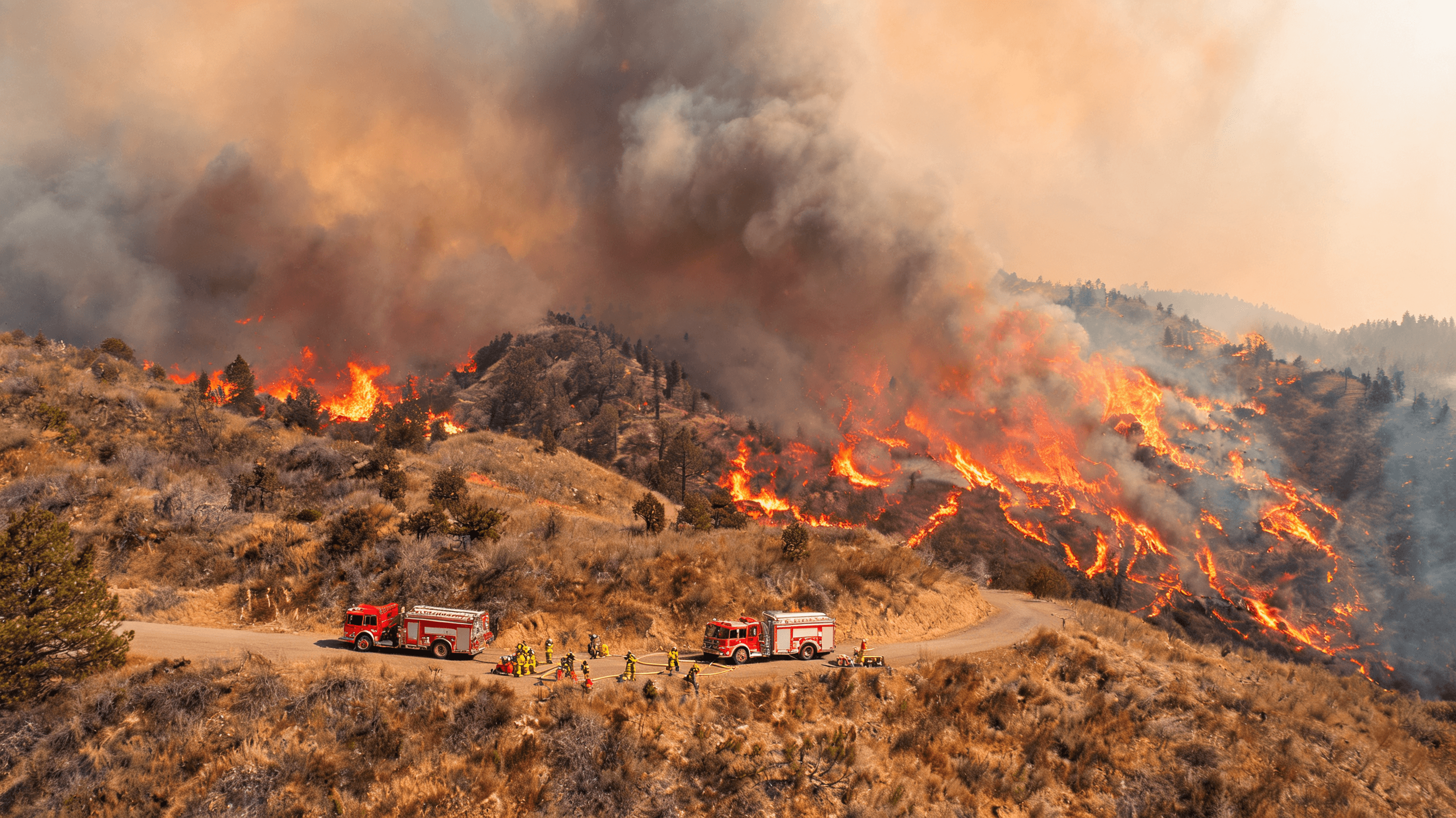 A forest fire scene in California, smoke filling the sky, bright orange flames contrasting with a dr