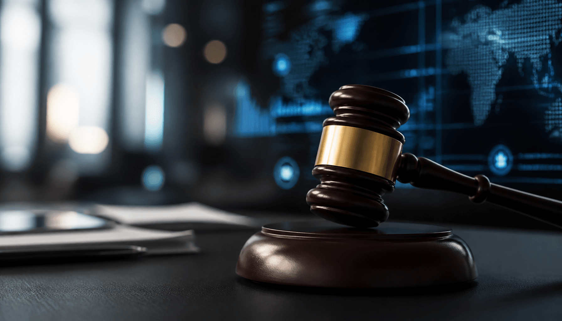 A courtroom gavel sitting on a desk with a blurred digital interface background, corporate legal con