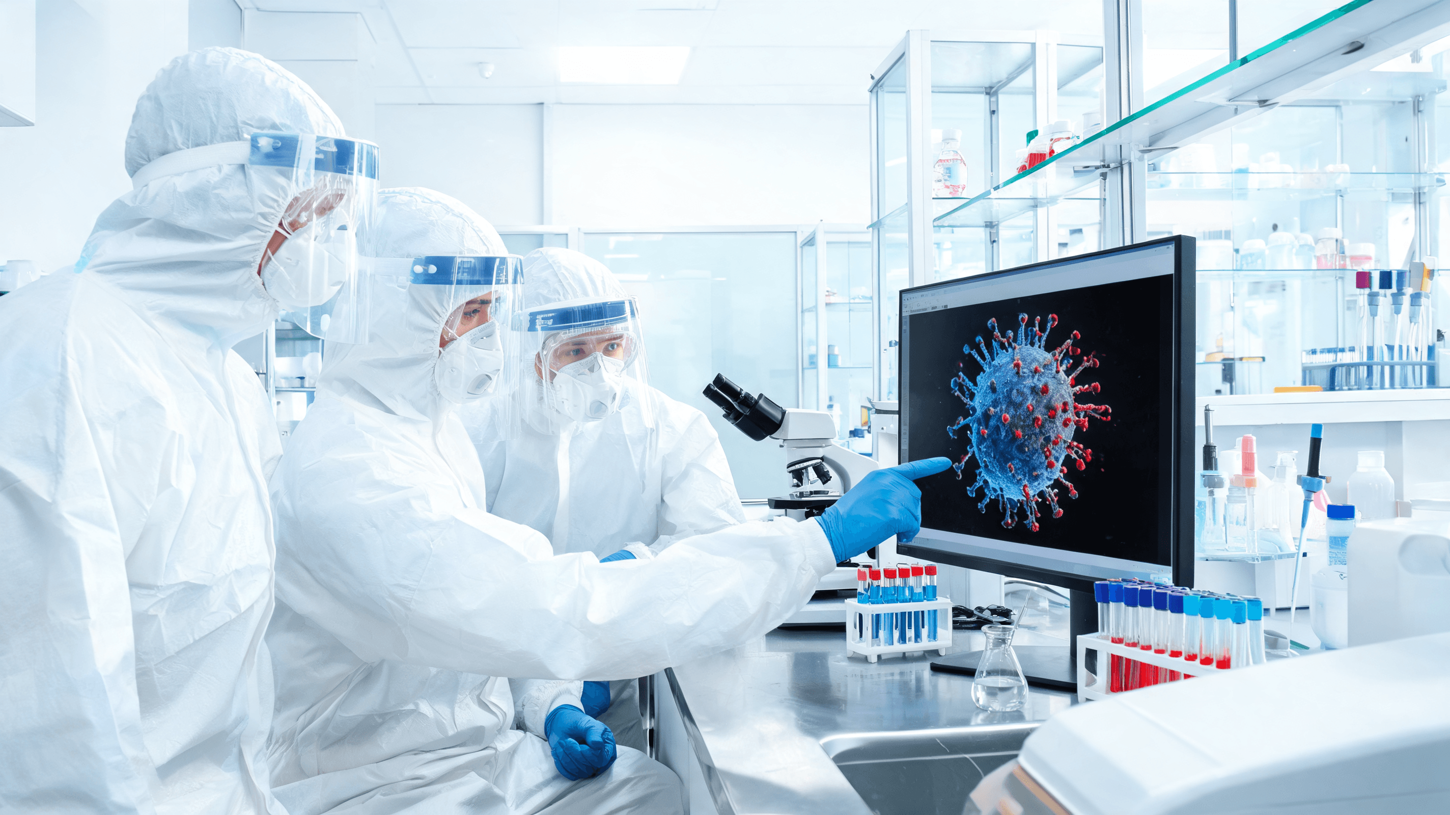 A medical response team in protective gear, a laboratory setting with microscopic medical images, pu
