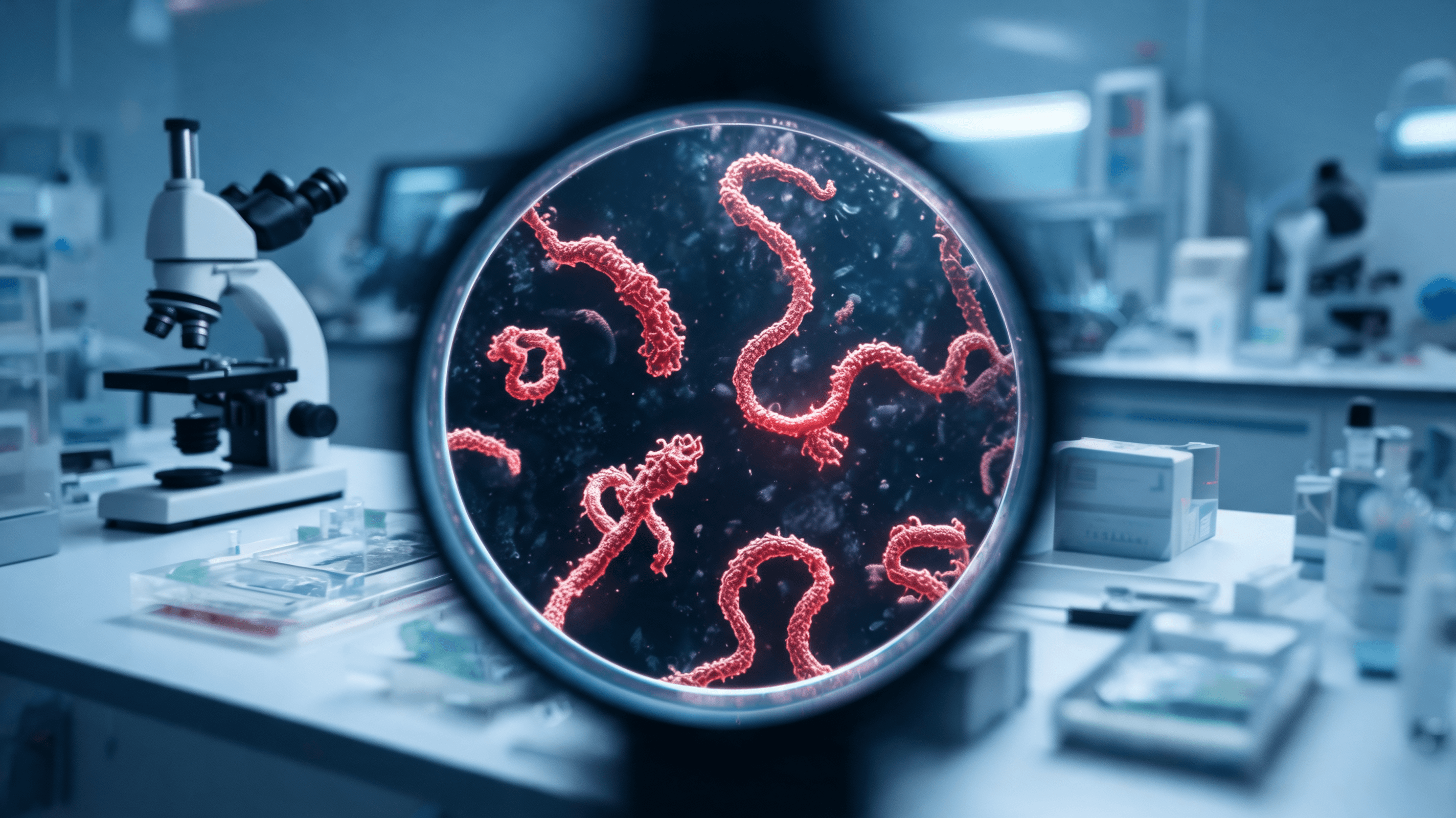 A scientific, medical-style illustration of a microscopic view of the Ebola virus, dramatic lighting